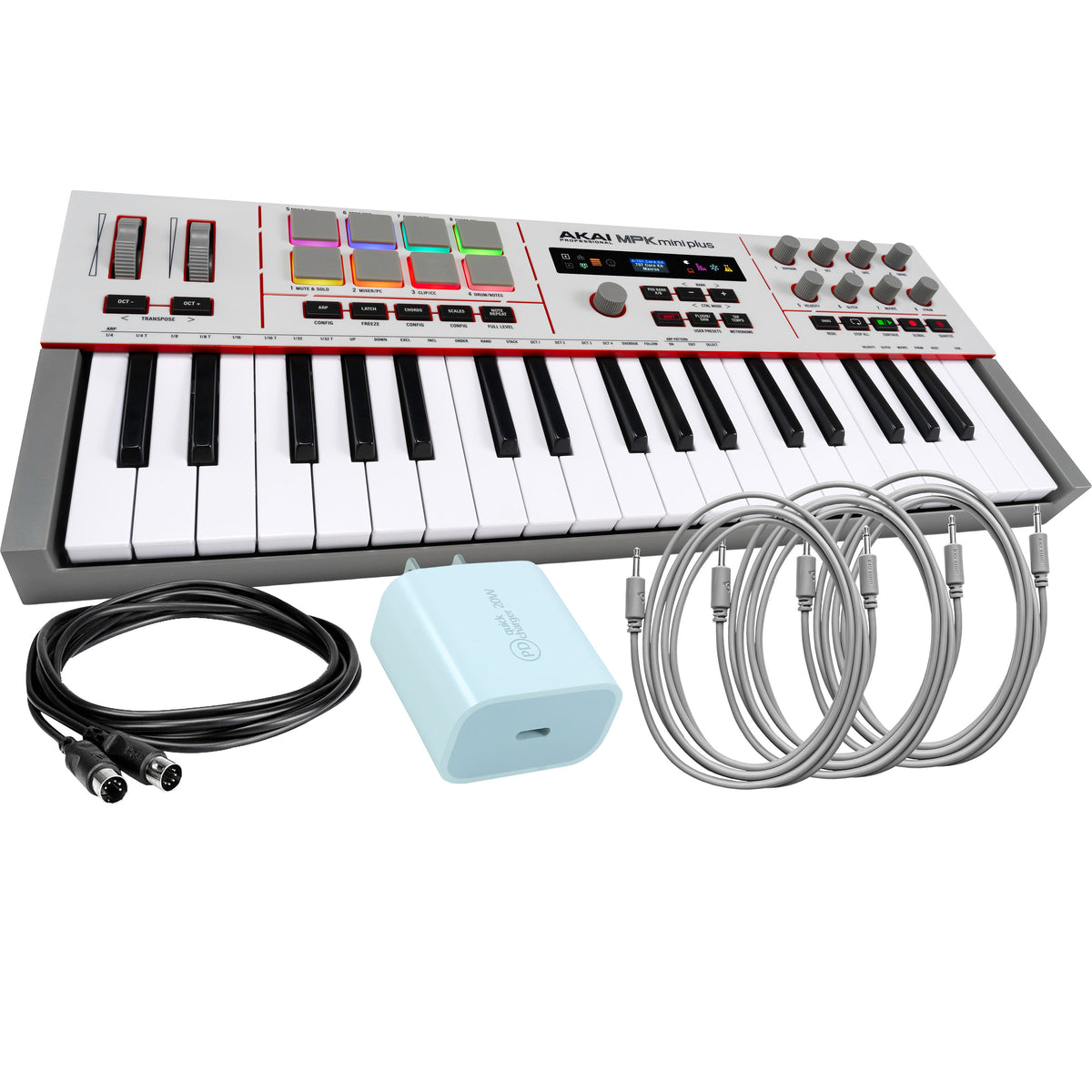 Collage showing components in Akai Professional MPK Mini Plus II 37-Key Mini Keyboard POWER & CABLE KIT