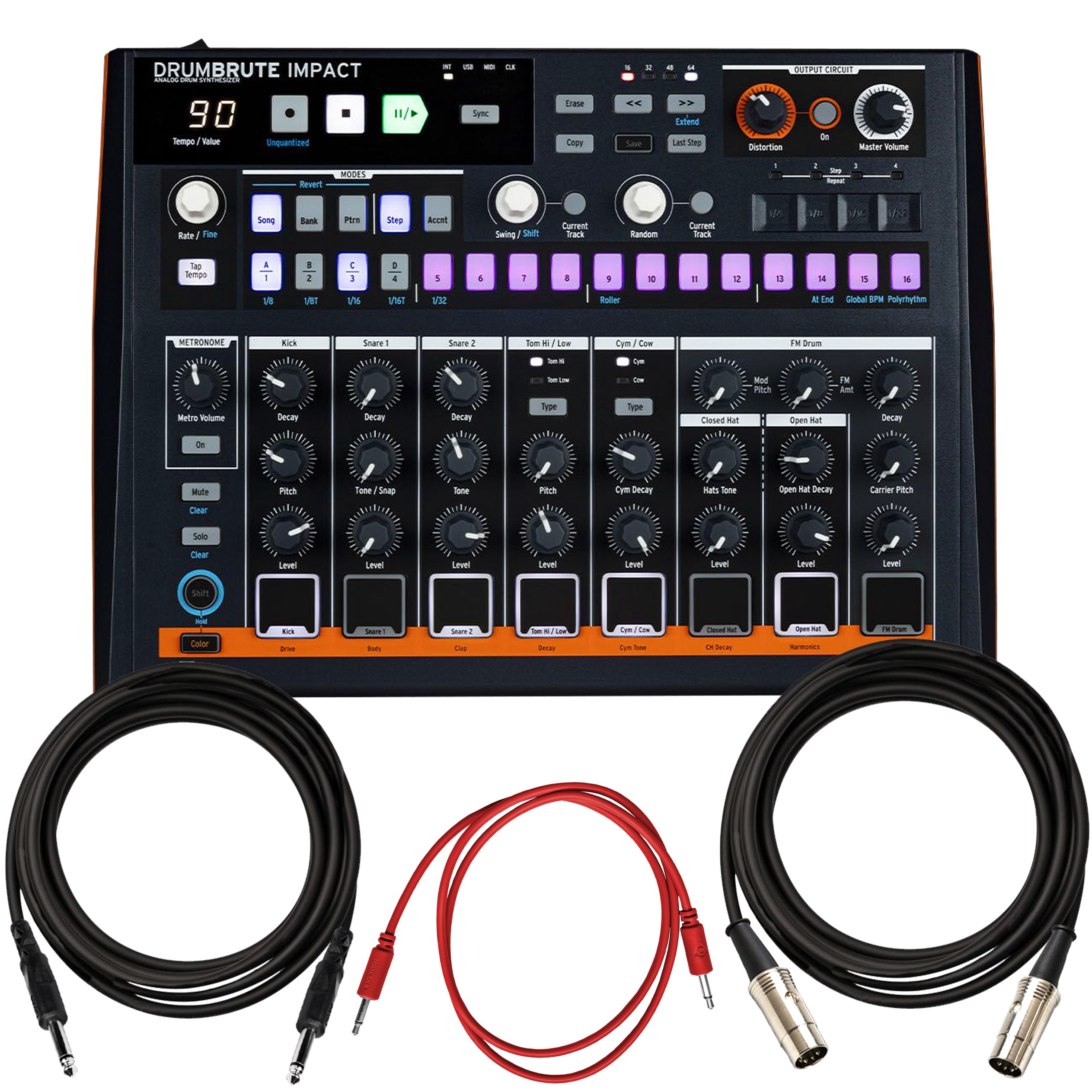 Collage showing components in Arturia DrumBrute Impact Analog Drum Machine CABLE KIT