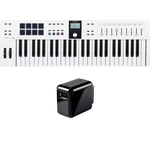 Collage showing components in Arturia KeyLab Essential 49 Mk3 Keyboard Controller - White POWER KIT