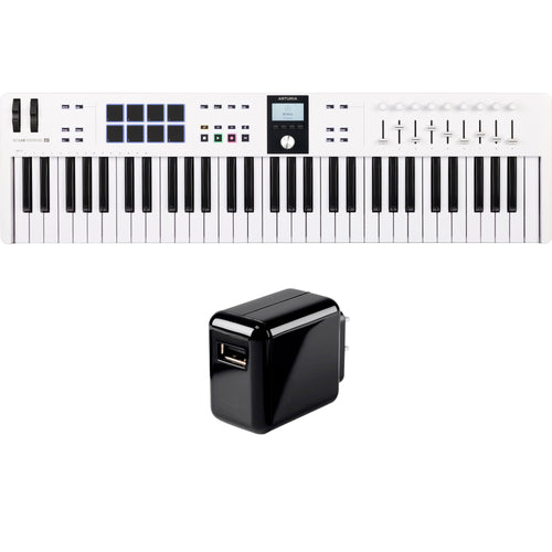 Collage showing components in Arturia KeyLab Essential 61 Mk3 Keyboard Controller - White POWER KIT