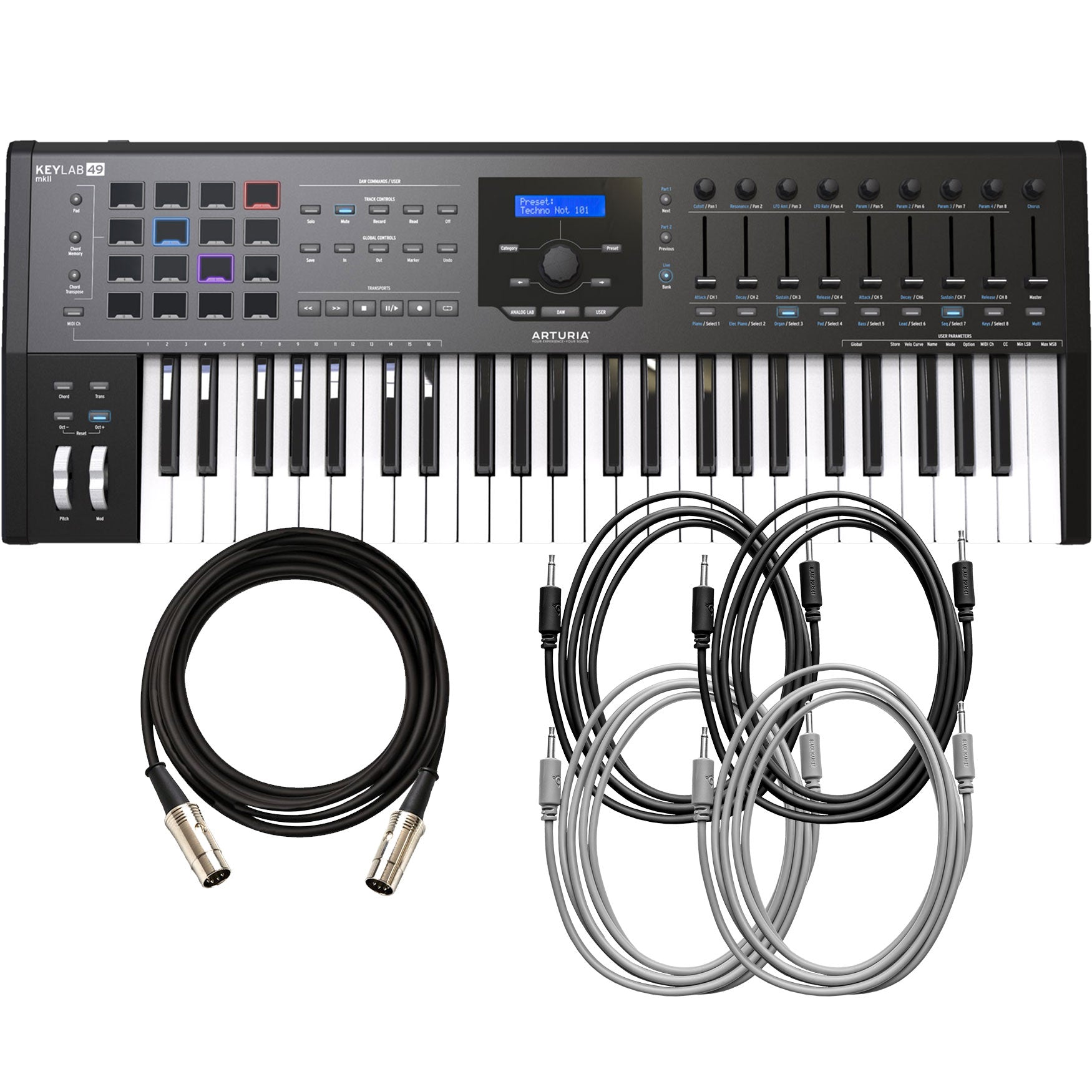 Collage of items included in the Arturia KeyLab MkII 49 MIDI/USB/CV Controller - Black CABLE KIT