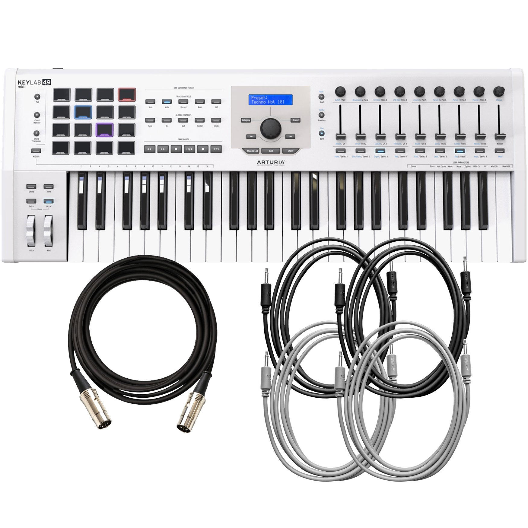 Collage of items included in the Arturia KeyLab MkII 49 MIDI/USB/CV Controller - White CABLE KIT