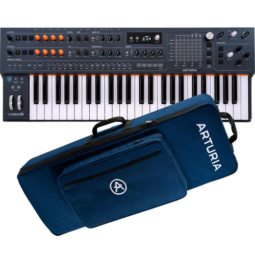 Collage showing components in Arturia MiniFreak 49 Algorithmic Synthesizer CARRY BAG KIT