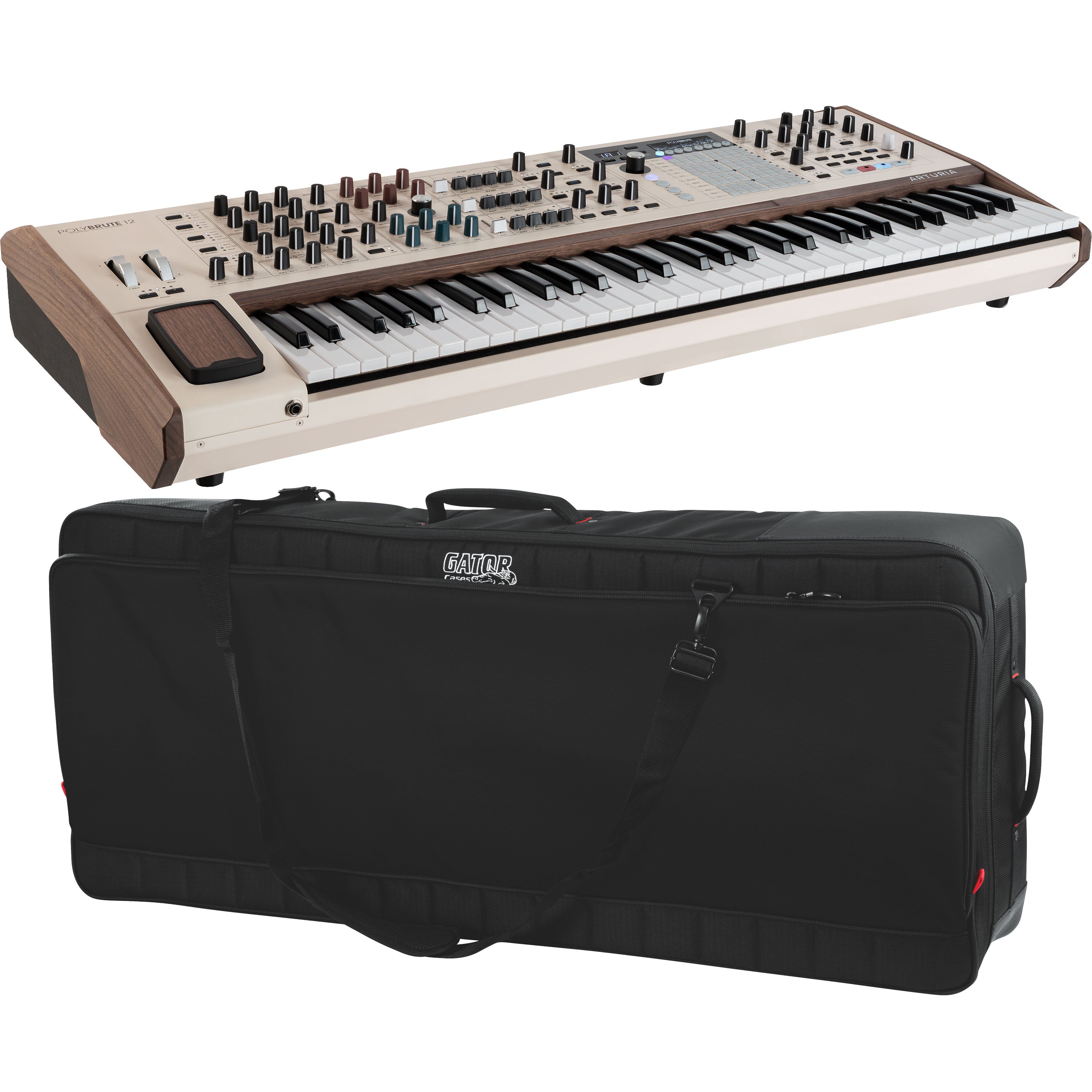 Collage showing components in Arturia PolyBrute 12 12-Voice Polyphonic Analog Synthesizer CARRY BAG KIT