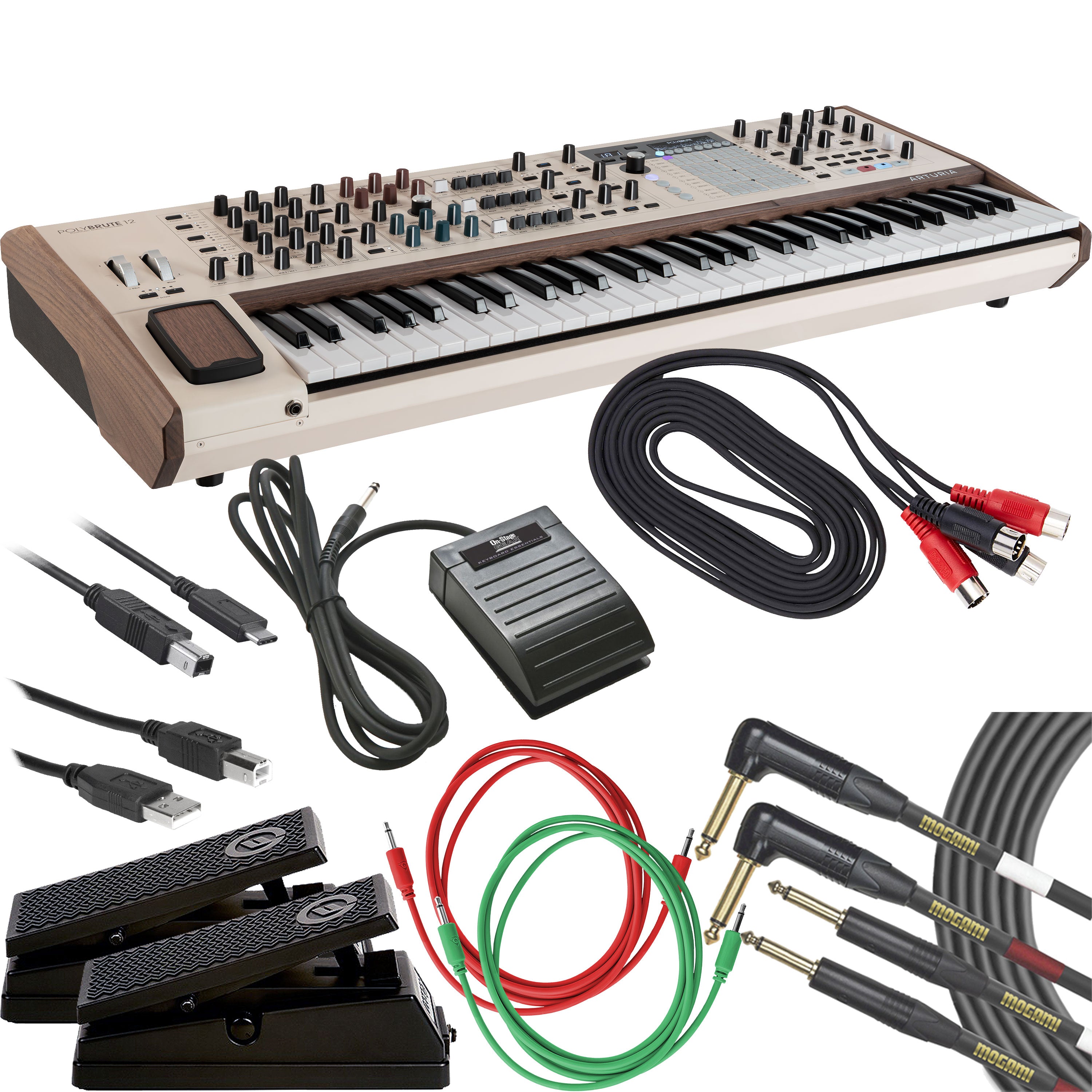 Collage showing components in Arturia PolyBrute 12 12-Voice Polyphonic Analog Synthesizer CABLE KIT