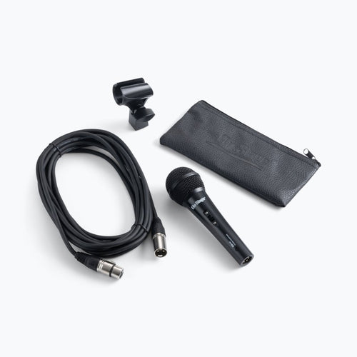Microphone set with cable and carrying case on a white background