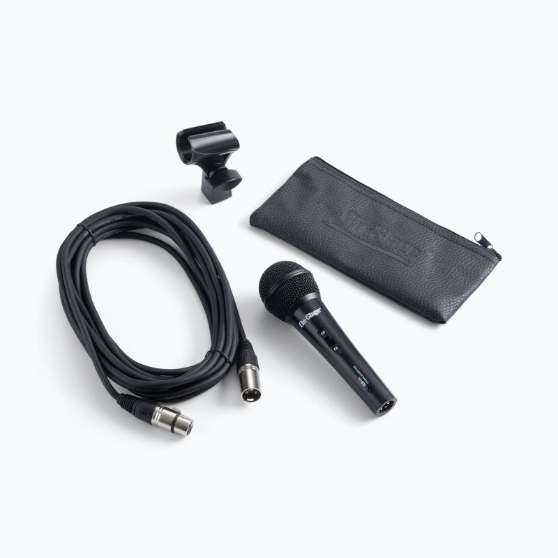 Microphone set with cable and carrying case on a white background