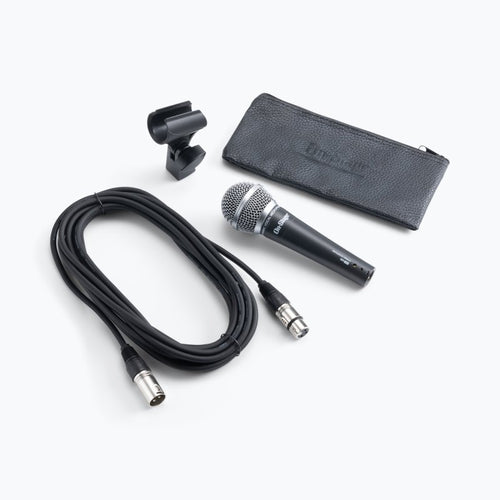 Microphone set with cable, clip, and carrying case on a white background