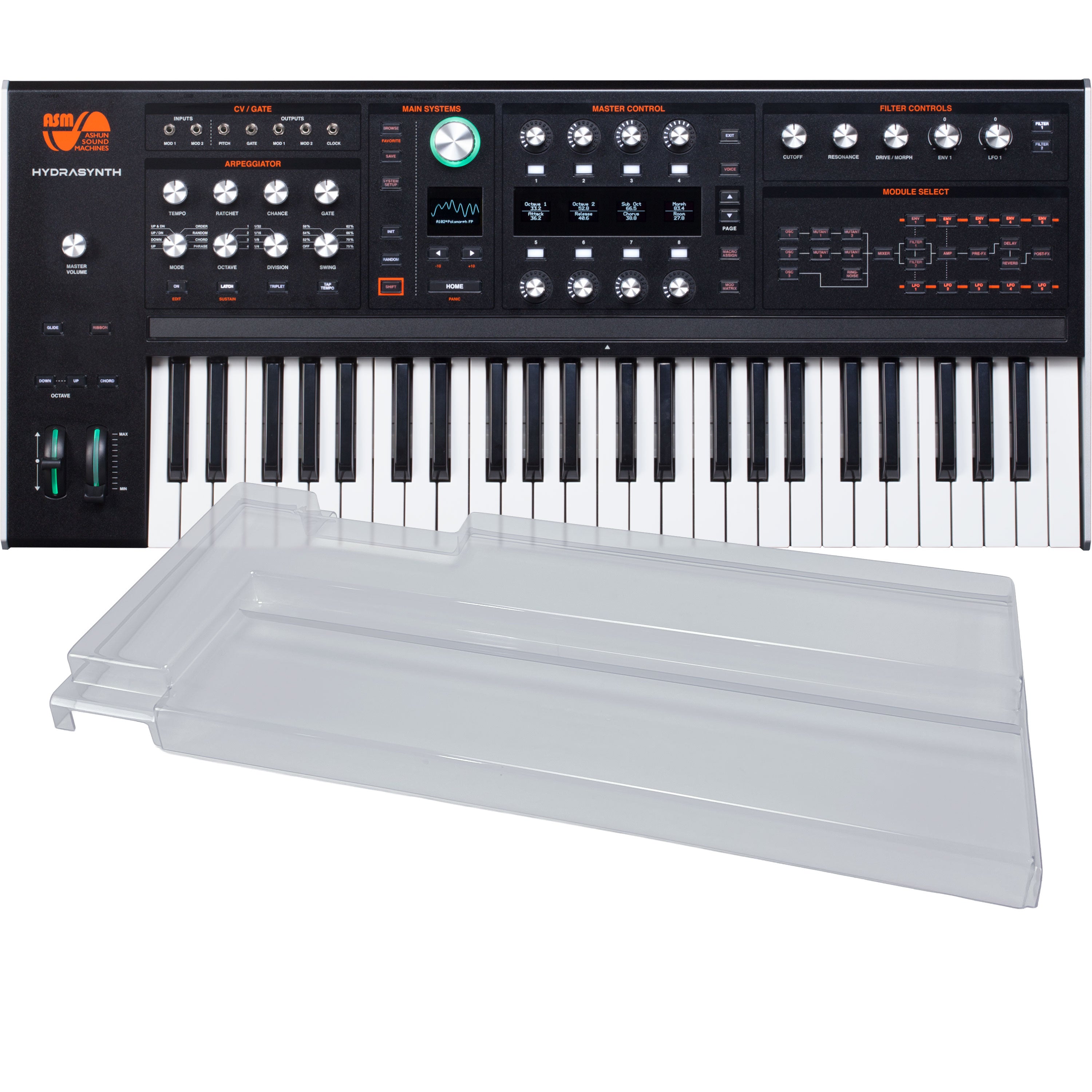 Collage showing components in ASM Hydrasynth Keyboard Polyphonic Wavemorphing Synthesizer DECKSAVER KIT
