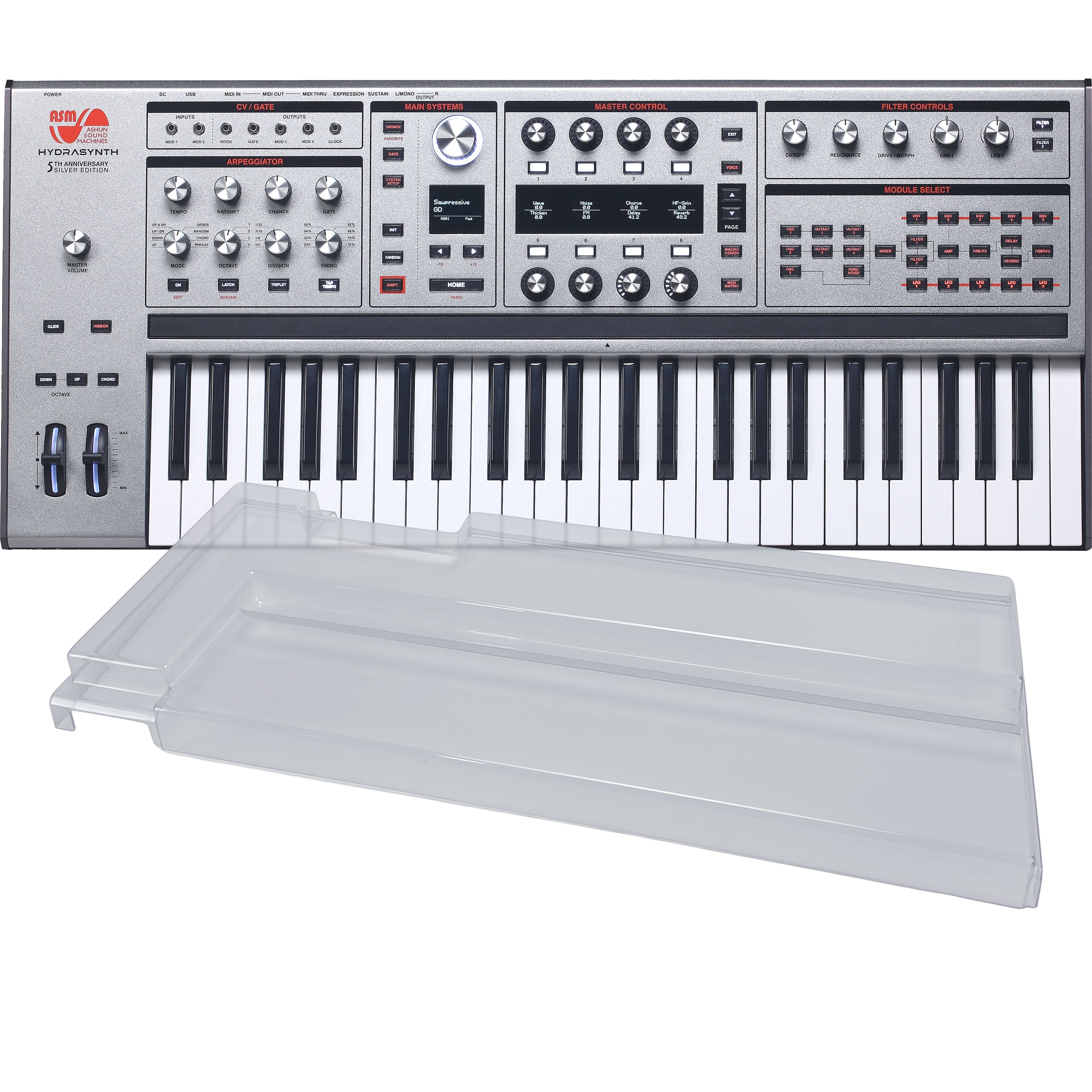 Collage showing components in ASM Hydrasynth Keyboard Silver Edition Polyphonic Synthesizer DECKSAVER KIT