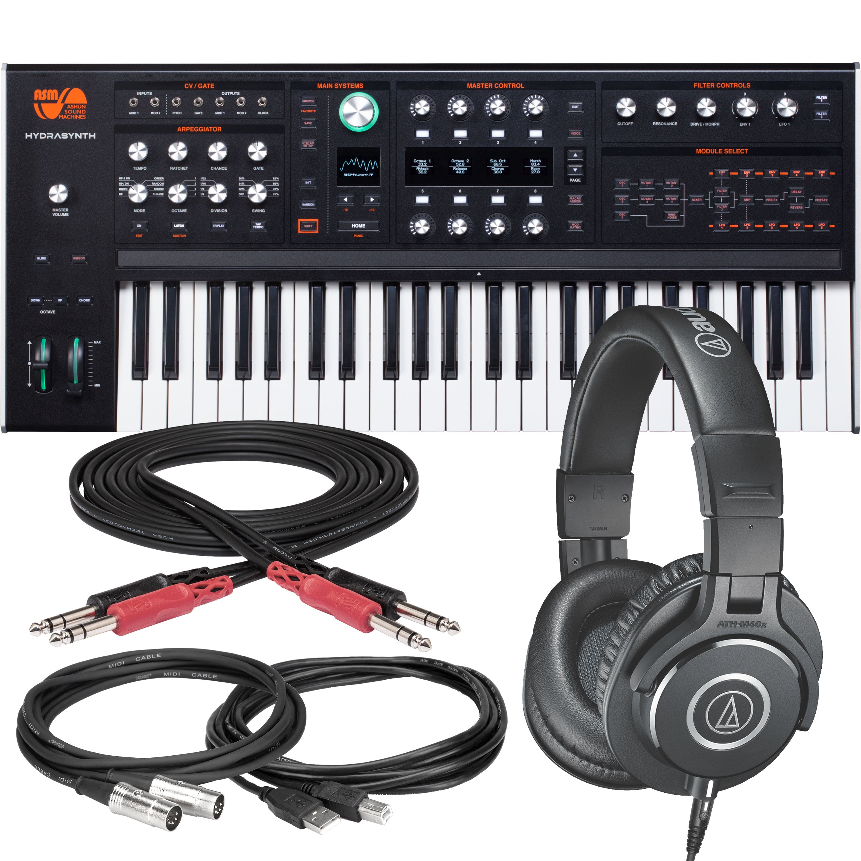 Bundle collage showing components in ASM Hydrasynth Keyboard Polyphonic Wavemorphing Synthesizer STUDIO KIT bundle