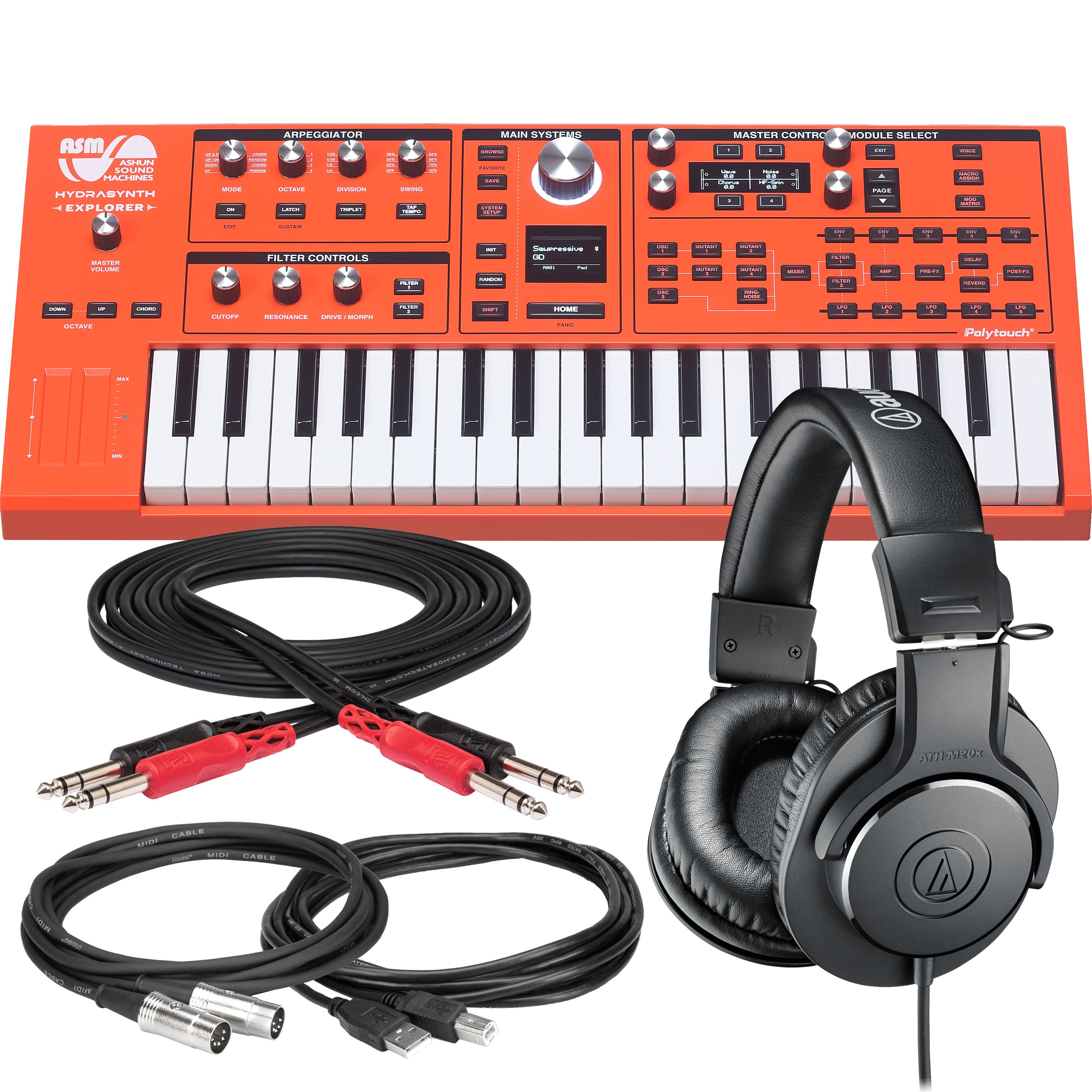 Collage showing components in ASM Hydrasynth Explorer 888 Polyphonic Wavemorphing Synthesizer STUDIO KIT