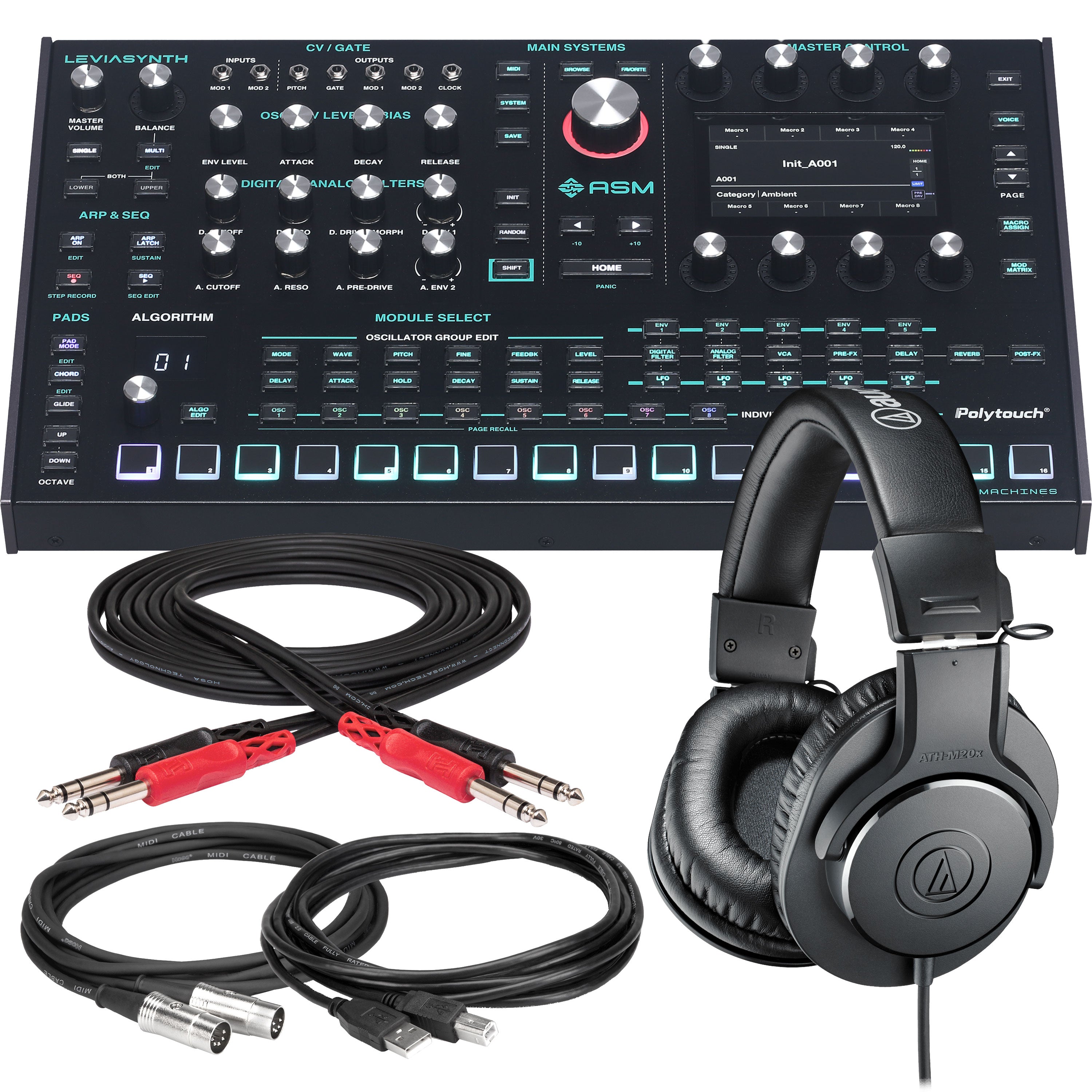 Collage showing components in ASM Leviasynth Desktop 16-Voice Algorithmic Synthesizer STUDIO KIT