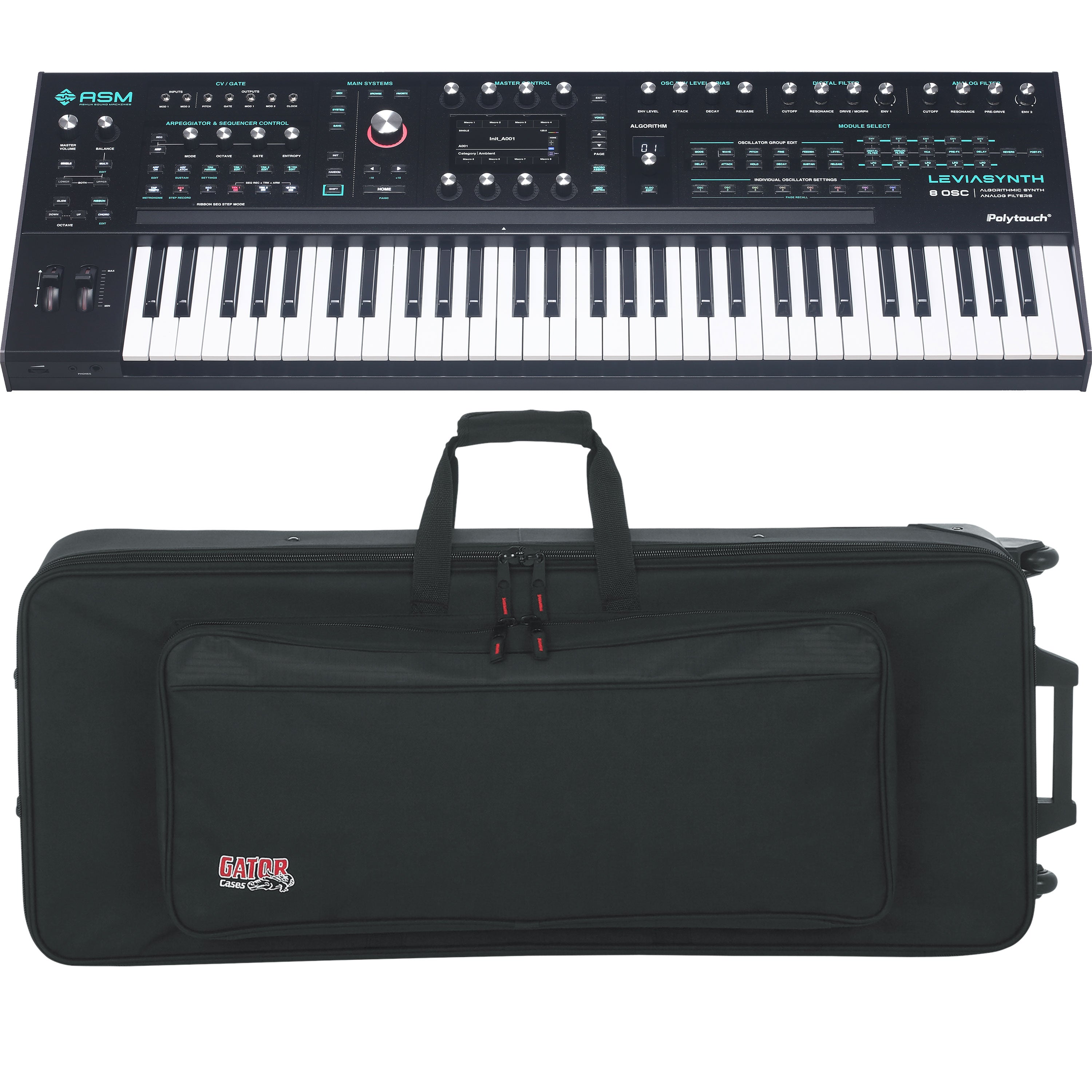 Collage showing components in ASM Leviasynth Keyboard 16-Voice Algorithmic Synthesizer CARRY BAG KIT