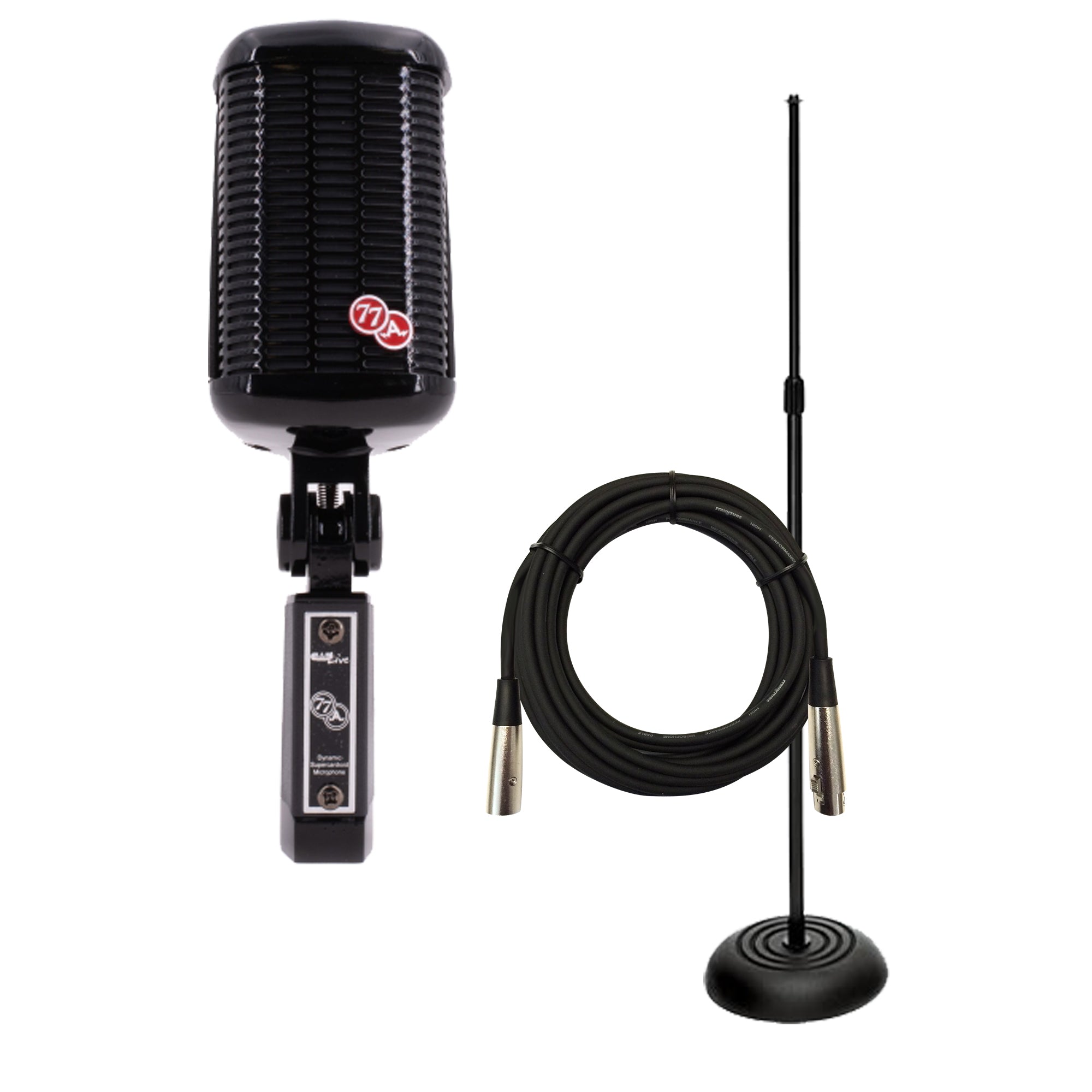 Collage image of the CAD A77 Vintage Supercardioid Microphone - Gloss Black PERFORMER PAK