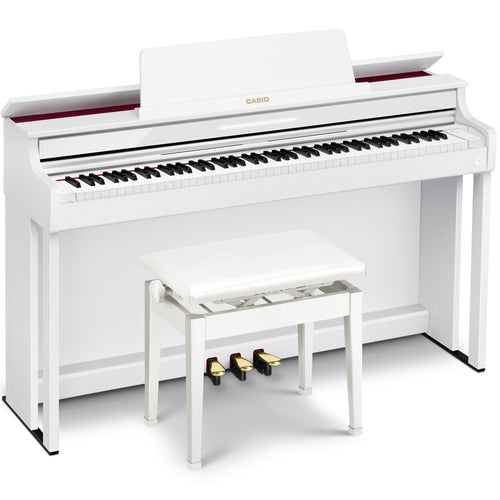 Casio Celviano AP-550 Digital Piano - White - facing right with lid open and bench