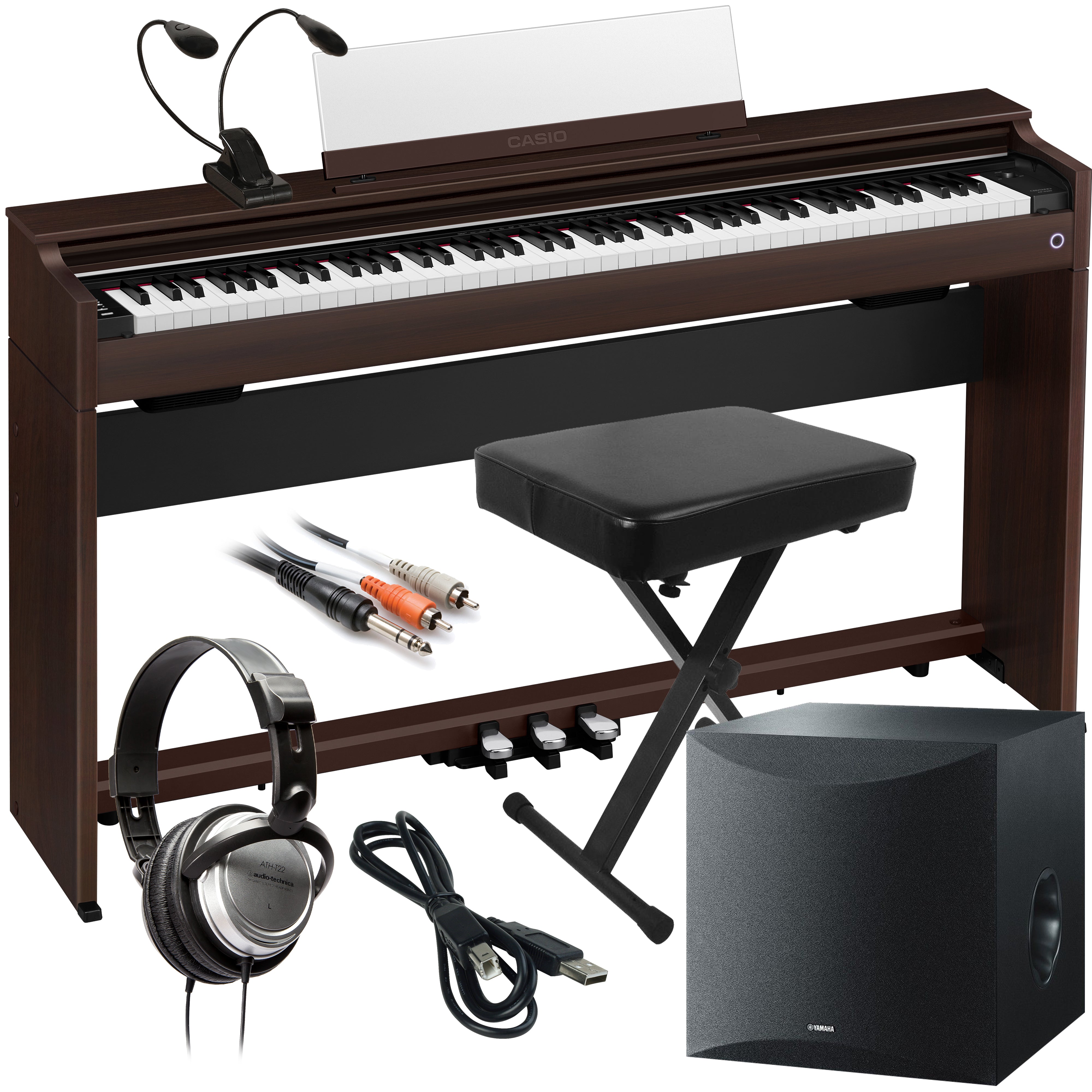 Collage of items included in the Casio Celviano AP-S200 Digital Piano - Rosewood COMPLETE HOME BUNDLE PLUS