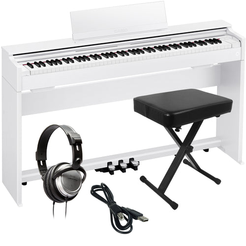 Collage of items included in the Casio Celviano AP-S200 Digital Piano - White COMPLETE HOME BUNDLE