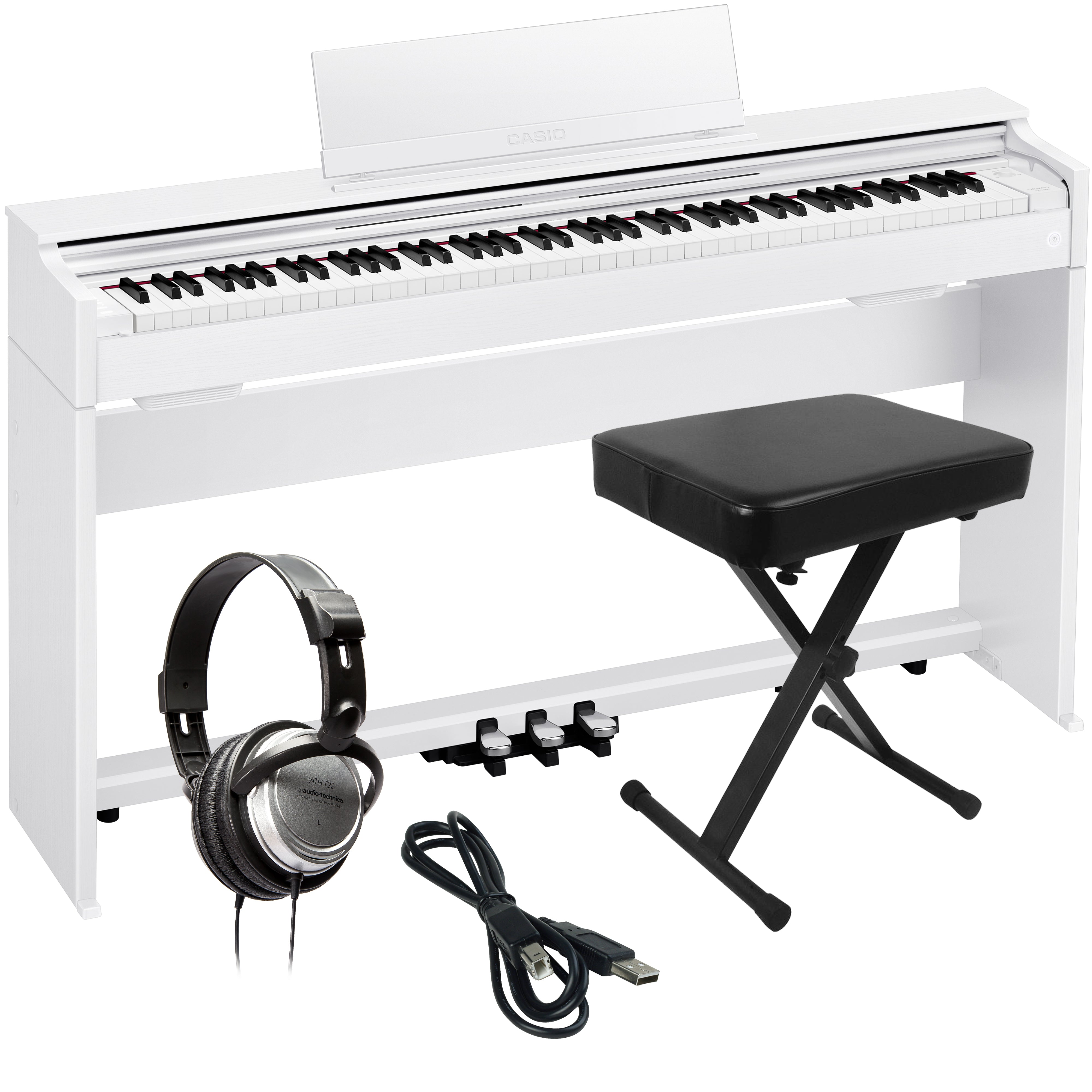 Collage of items included in the Casio Celviano AP-S200 Digital Piano - White COMPLETE HOME BUNDLE