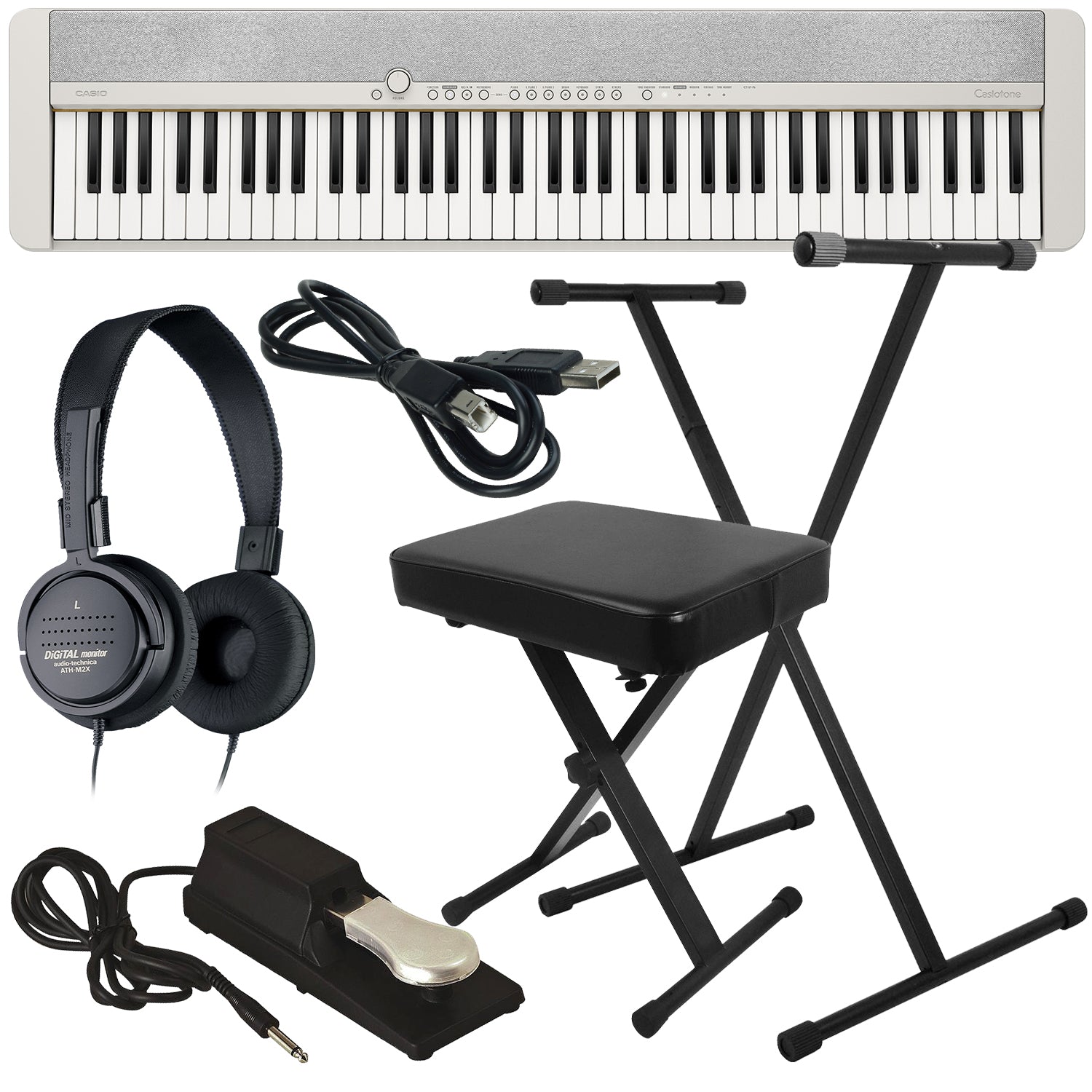 Collage of the Casio Casiotone CT-S1-76 Portable Keyboard - White KEY ESSENTIALS BUNDLE