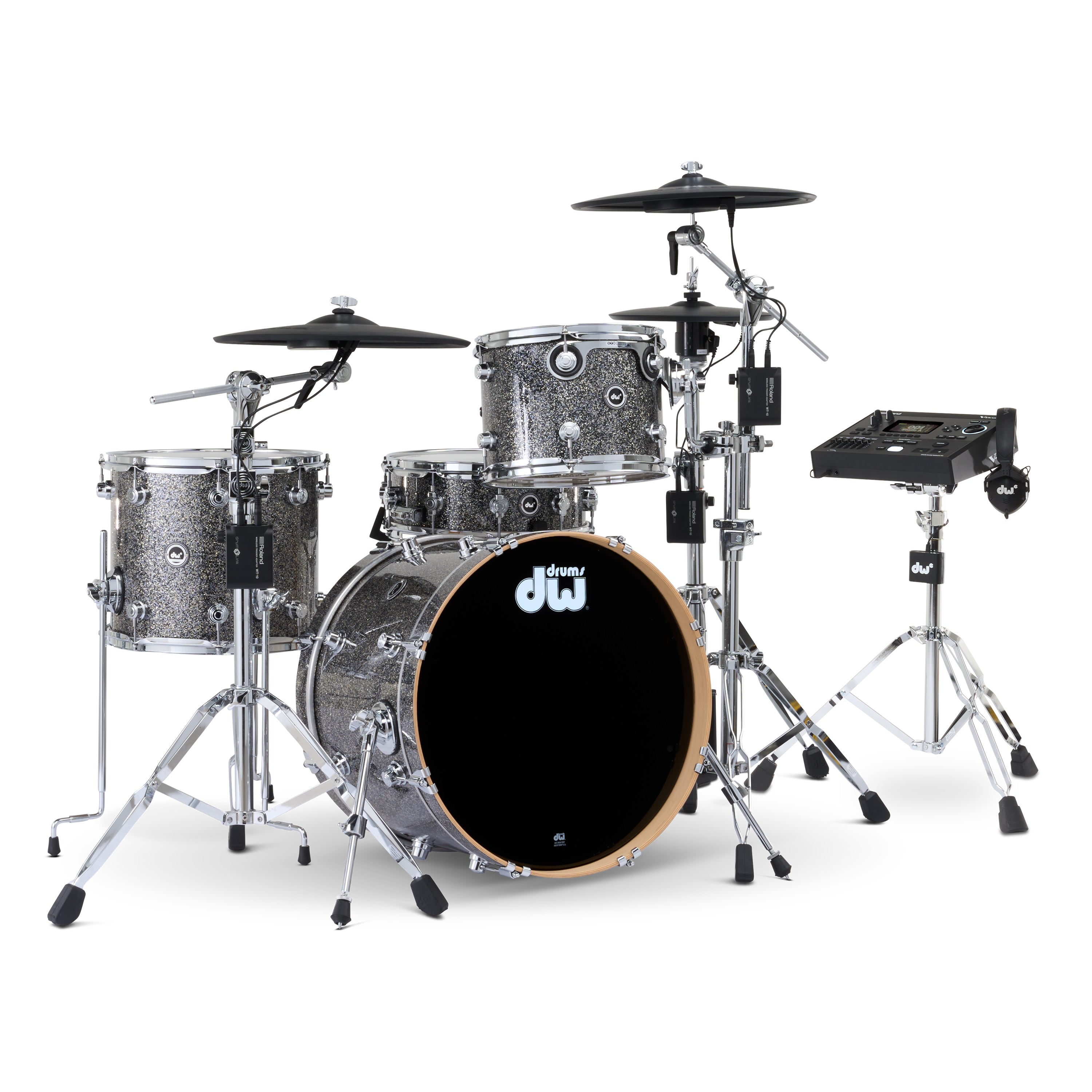 Drum Workshop DWe 4pc Kit with V51 Module and Roland Cymbals - Black Galaxy, View 1
