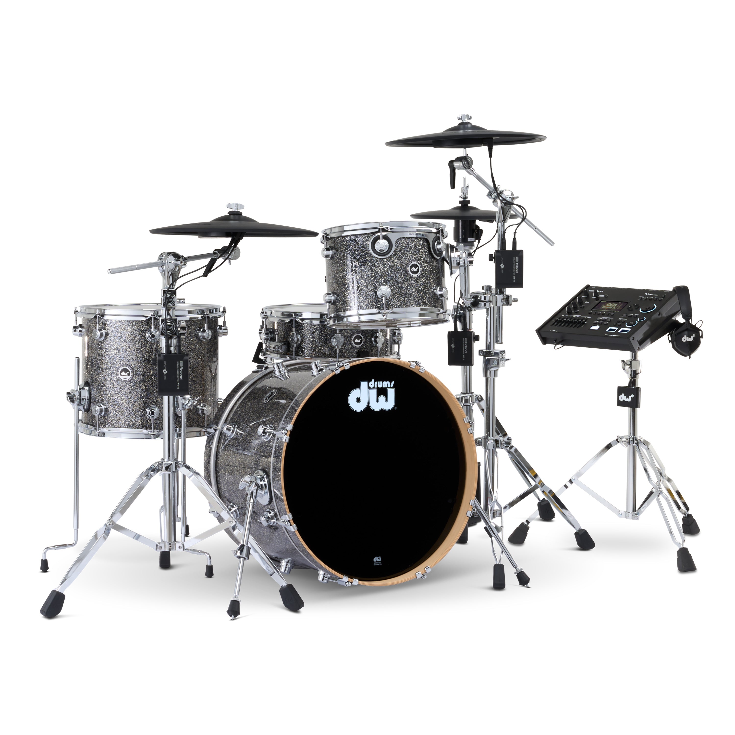 Drum Workshop DWe 4pc Kit with V51 Module and Roland Cymbals - Black Galaxy, view 1