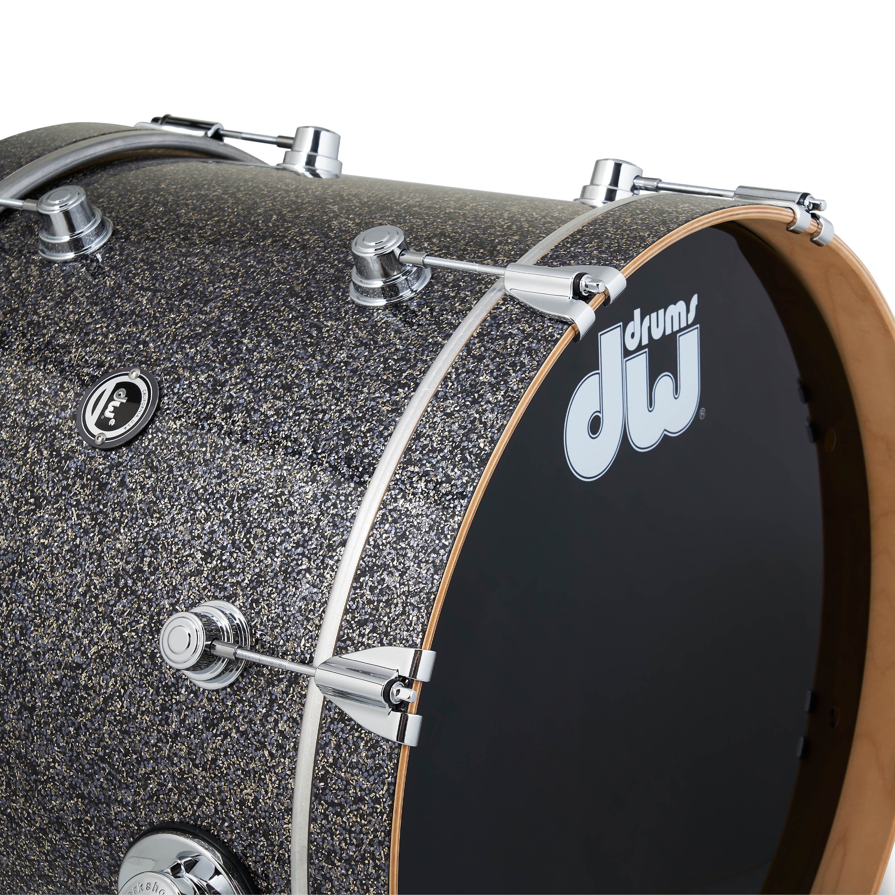Bass drum in black galaxy finish with chrome hardware