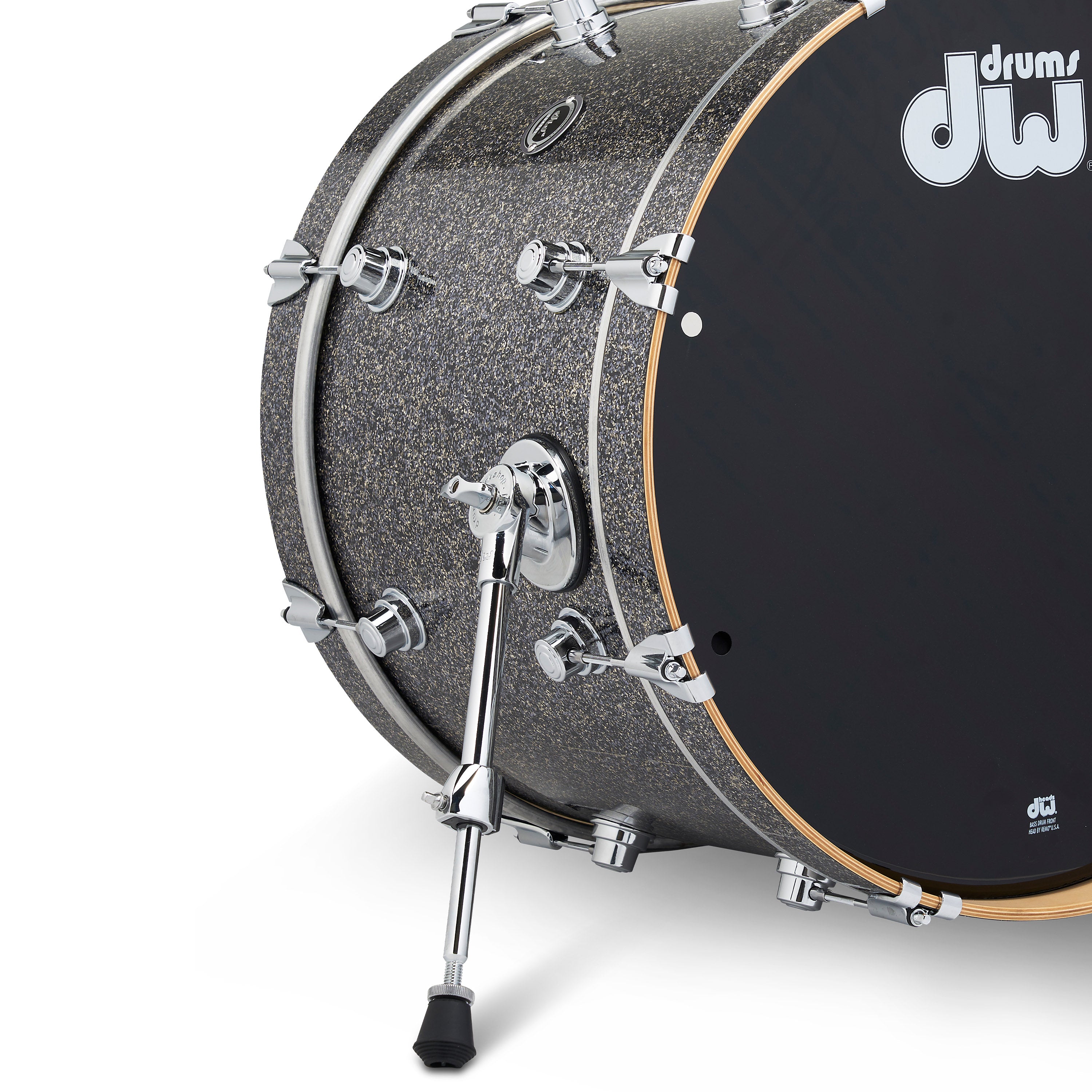 Bass drum in black galaxy finish with chrome hardware, view 2