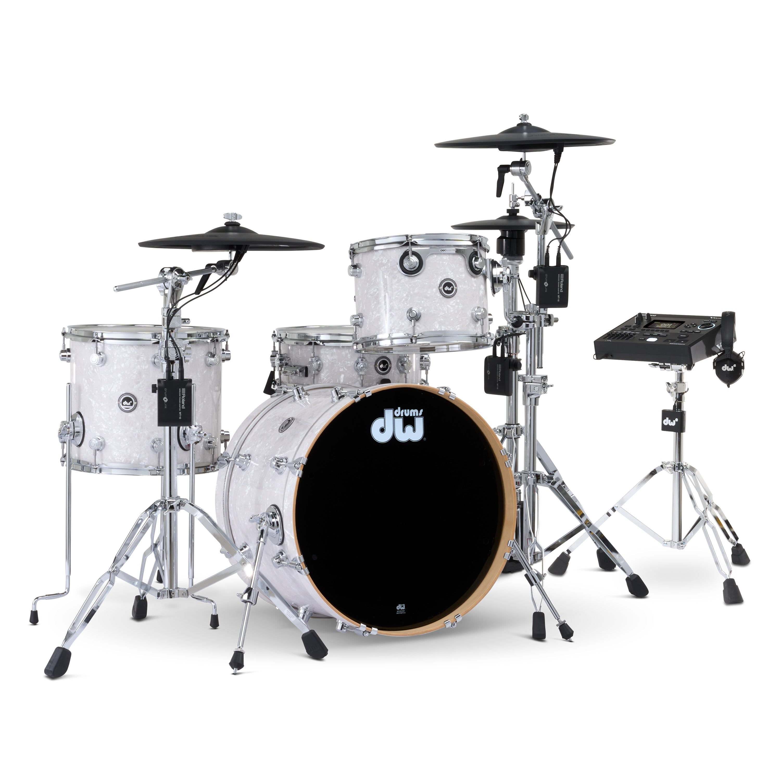 Drum Workshop DWe 4pc Kit with V51 Module and Roland Cymbals - White Marine Pearl, View 1