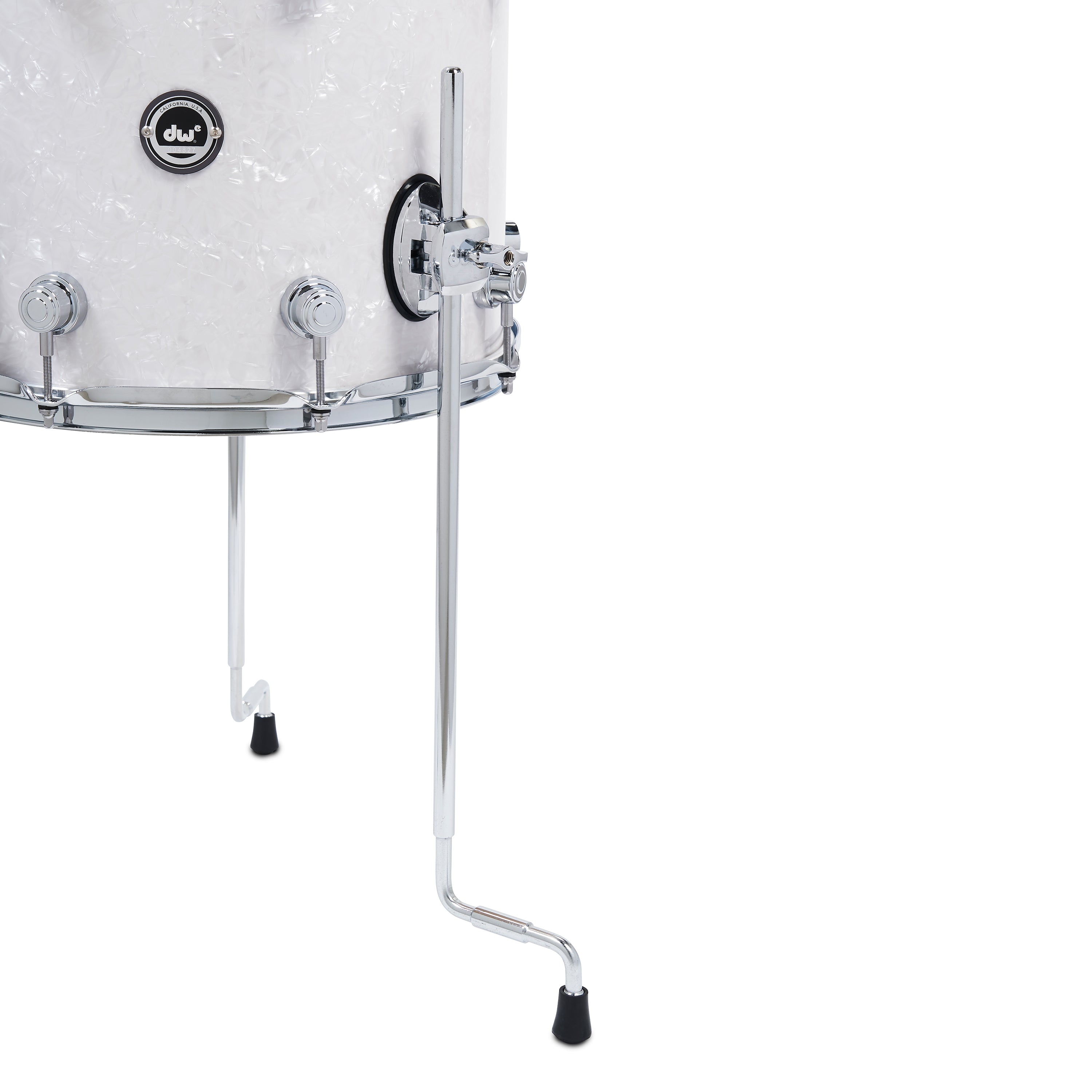 Floor tom with white finish and chrome hardware on a white background
