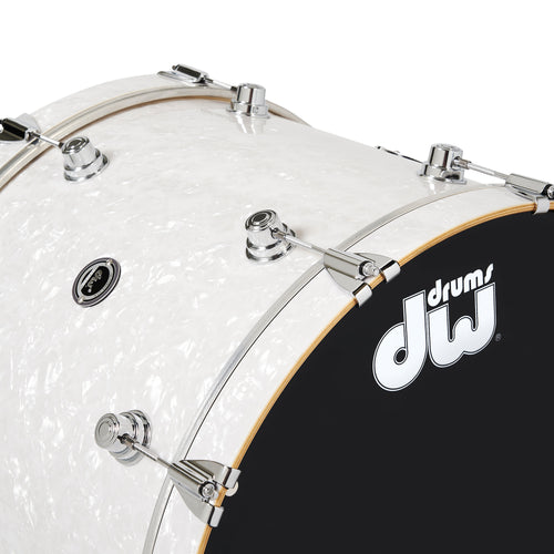 Bass drum in White Marine Pearl finish with chrome hardware