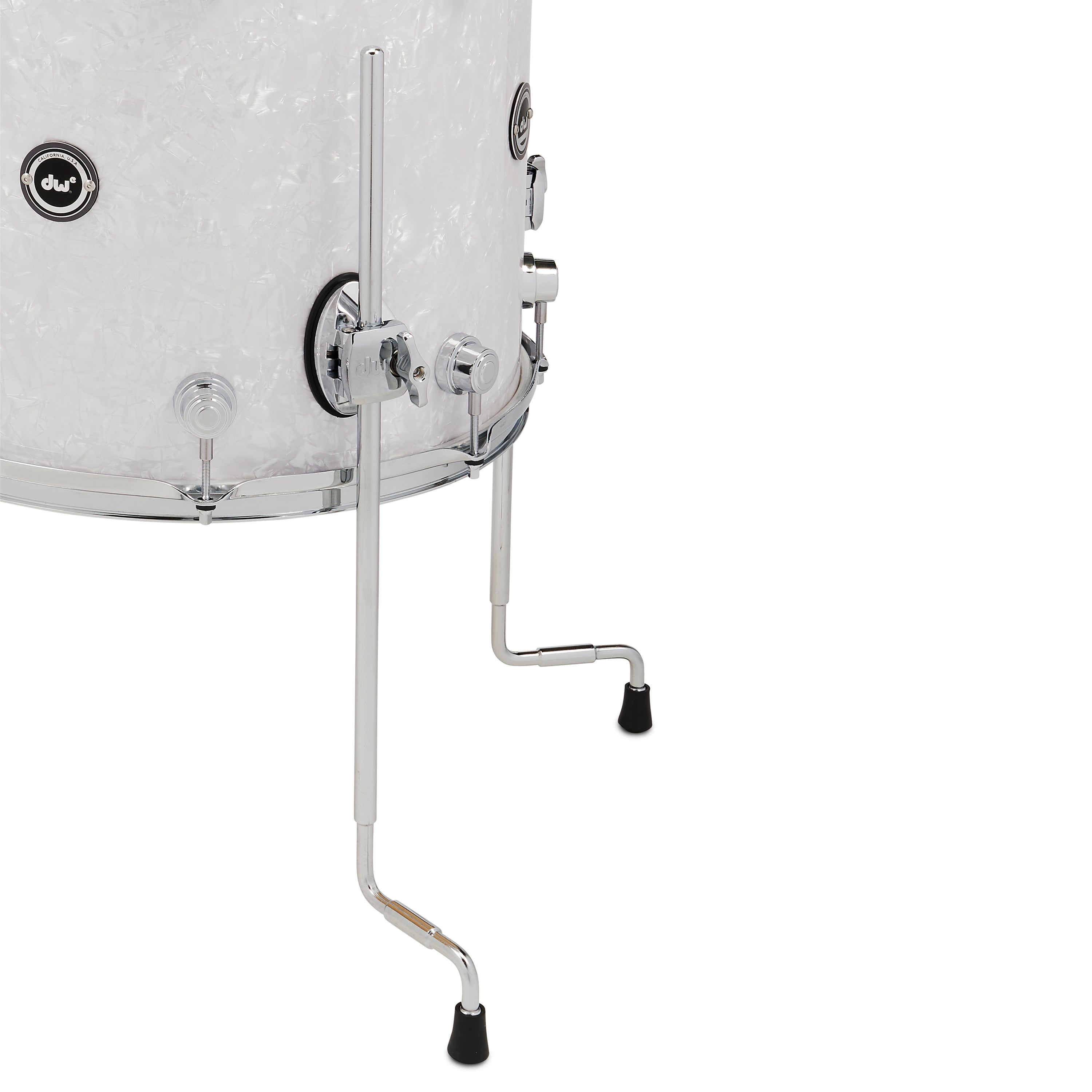 Drum with a white finish and chrome hardware on a white background