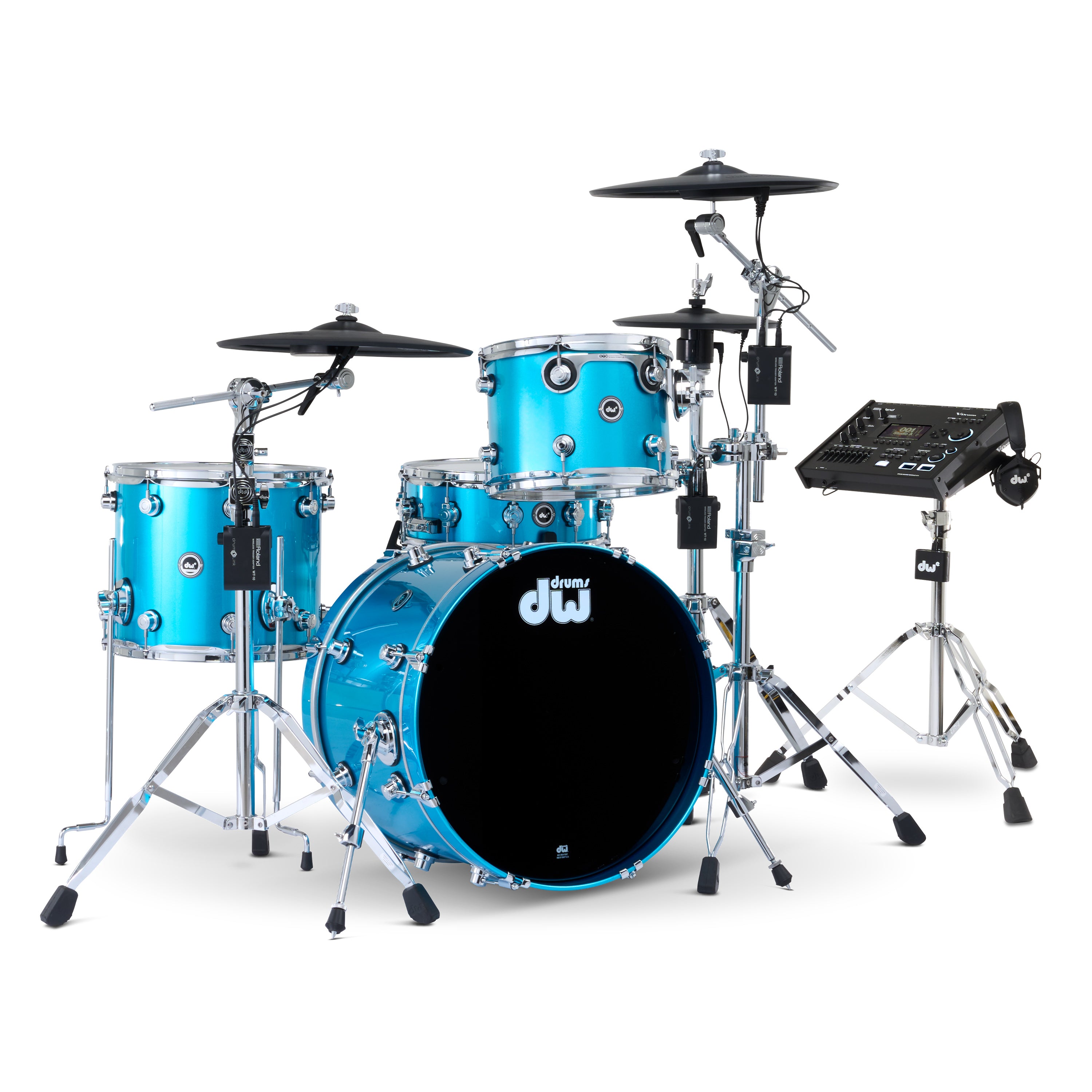 Drum Workshop DWe 4pc Kit with V71 Module and Roland Cymbals - Laser Blue Metallic, View 1