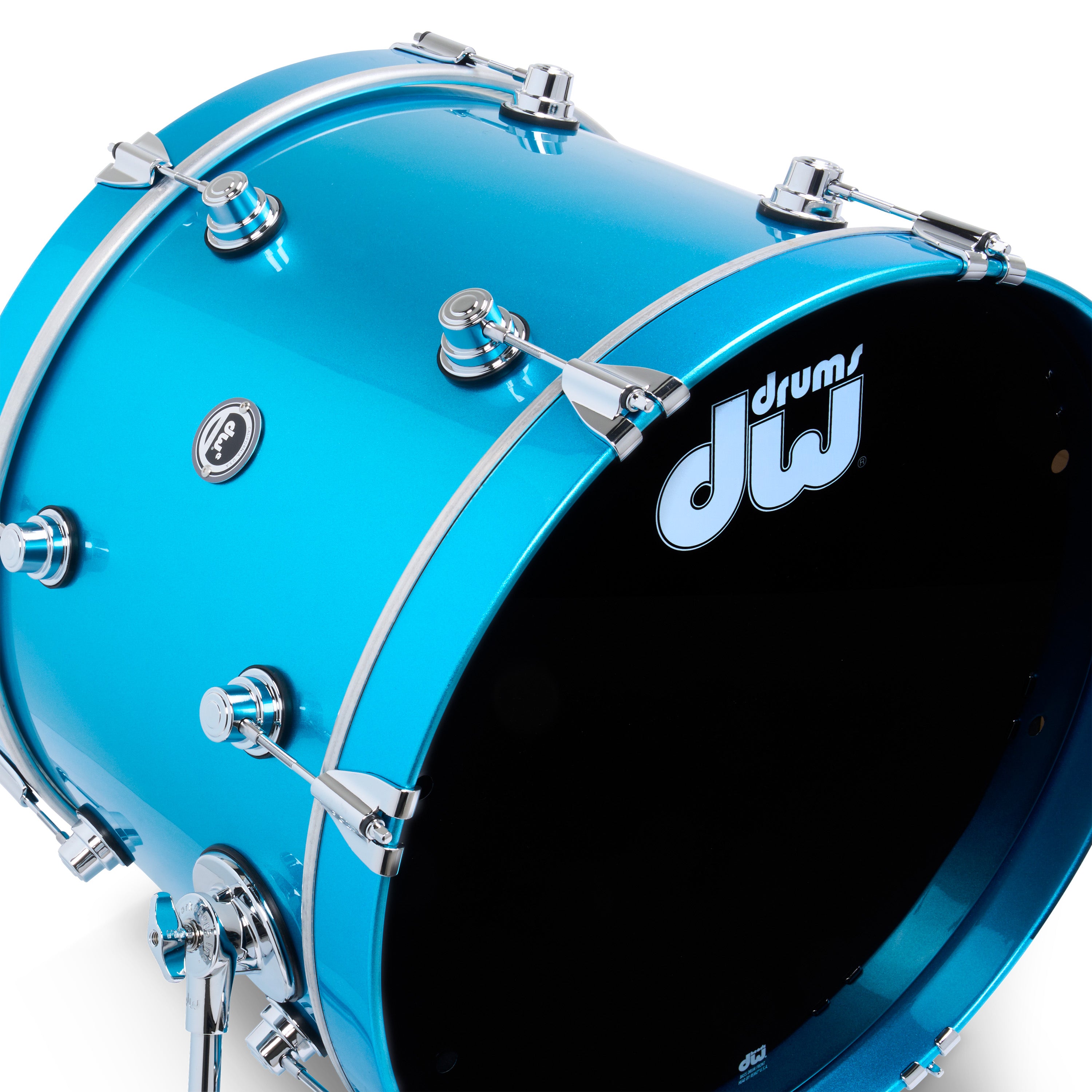 Bass drum in Laser Blue Metallic finish with chrome hardware