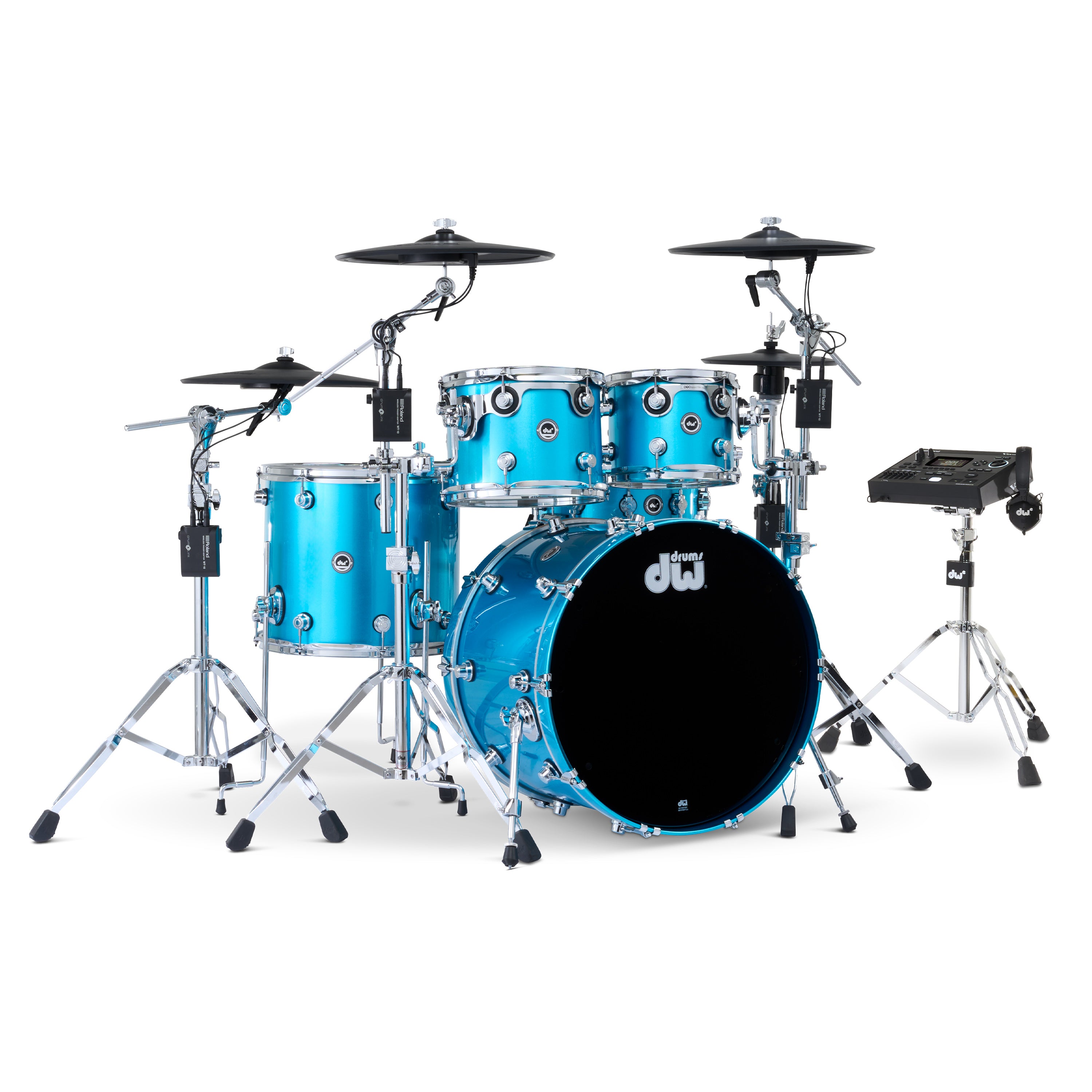 Drum Workshop DWe 5pc Kit with V51 Module and Roland Cymbals - Laser Blue Metallic, View 1
