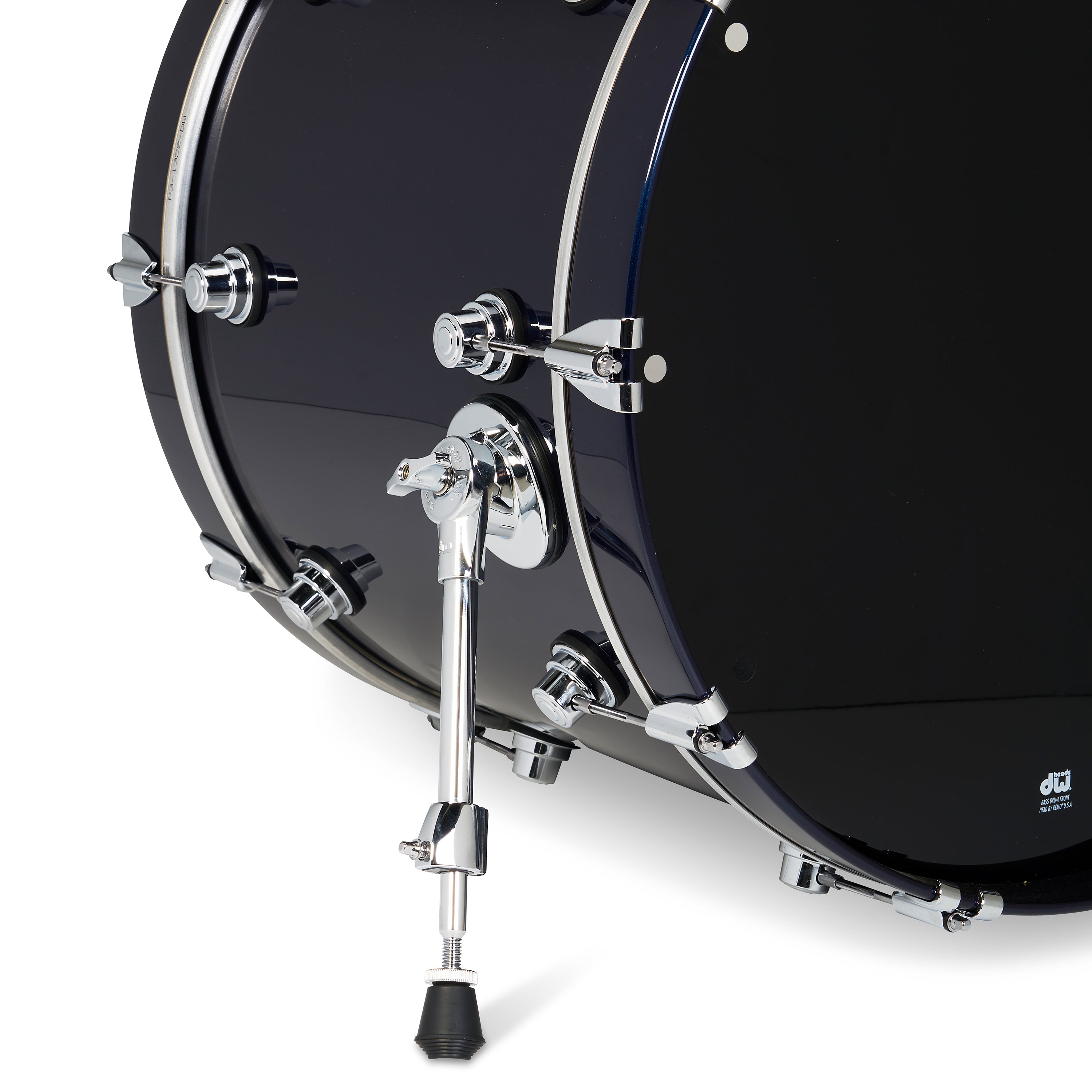 bass drum in midnight blue metallic finish with chrome hardware, view 2
