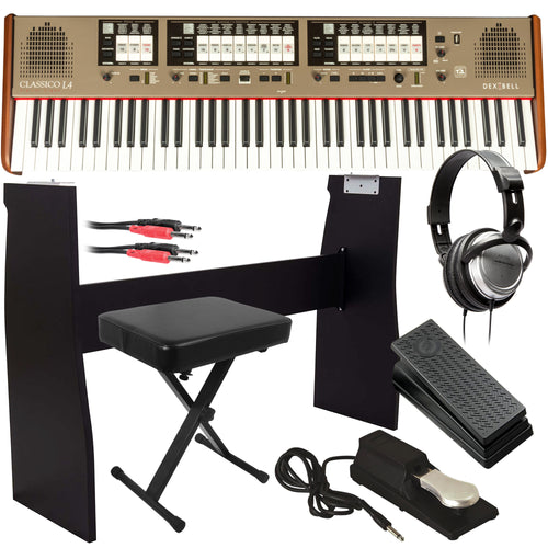 Collage of items included in the Dexibell CLASSICO L4 76-Key Digital Organ COMPLETE HOME BUNDLE
