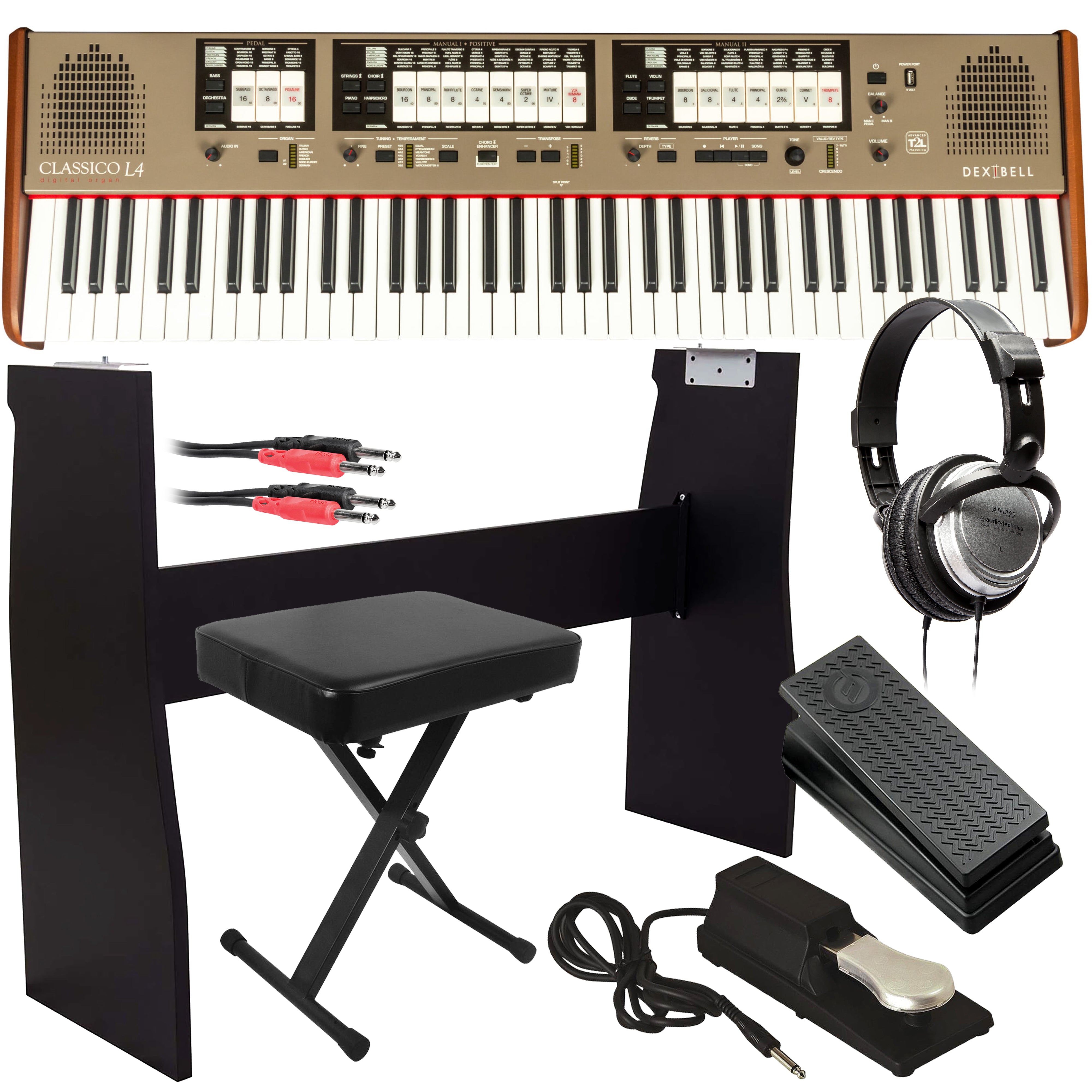 Collage of items included in the Dexibell CLASSICO L4 76-Key Digital Organ COMPLETE HOME BUNDLE