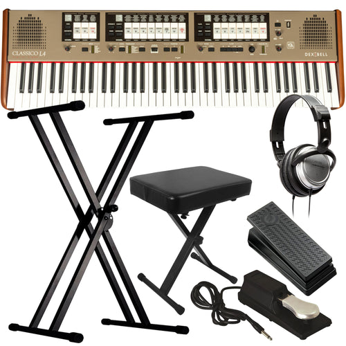 Collage of items included in the Dexibell CLASSICO L4 76-Key Digital Organ KEY ESSENTIALS BUNDLE