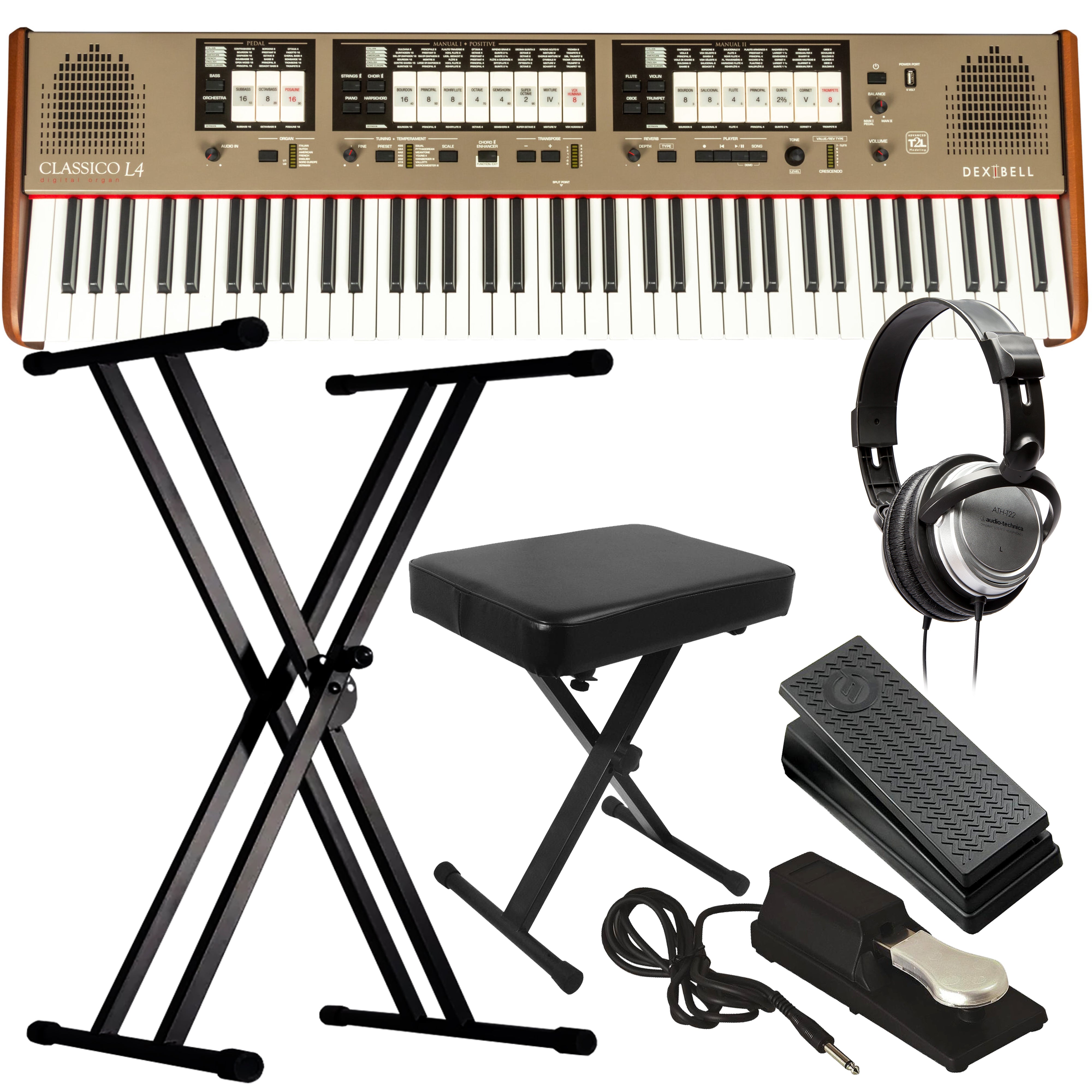 Collage of items included in the Dexibell CLASSICO L4 76-Key Digital Organ KEY ESSENTIALS BUNDLE