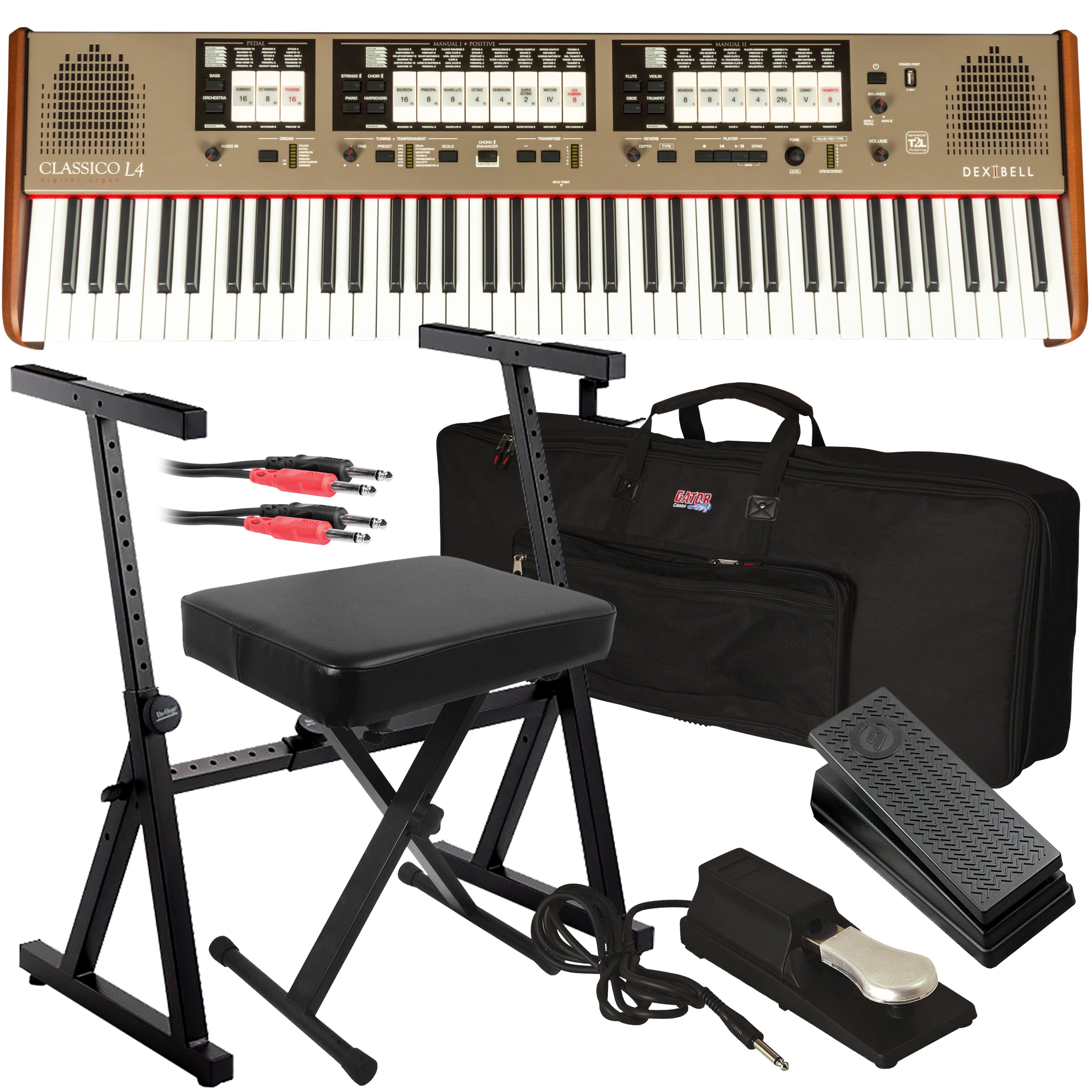 Collage of items included in the Dexibell CLASSICO L4 76-Key Digital Organ STAGE ESSENTIALS BUNDLE