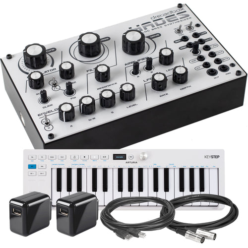Collage showing components in Dreadbox Hades Reissue Monophonic Analog Bass Synthesizer CONTROLLER RIG
