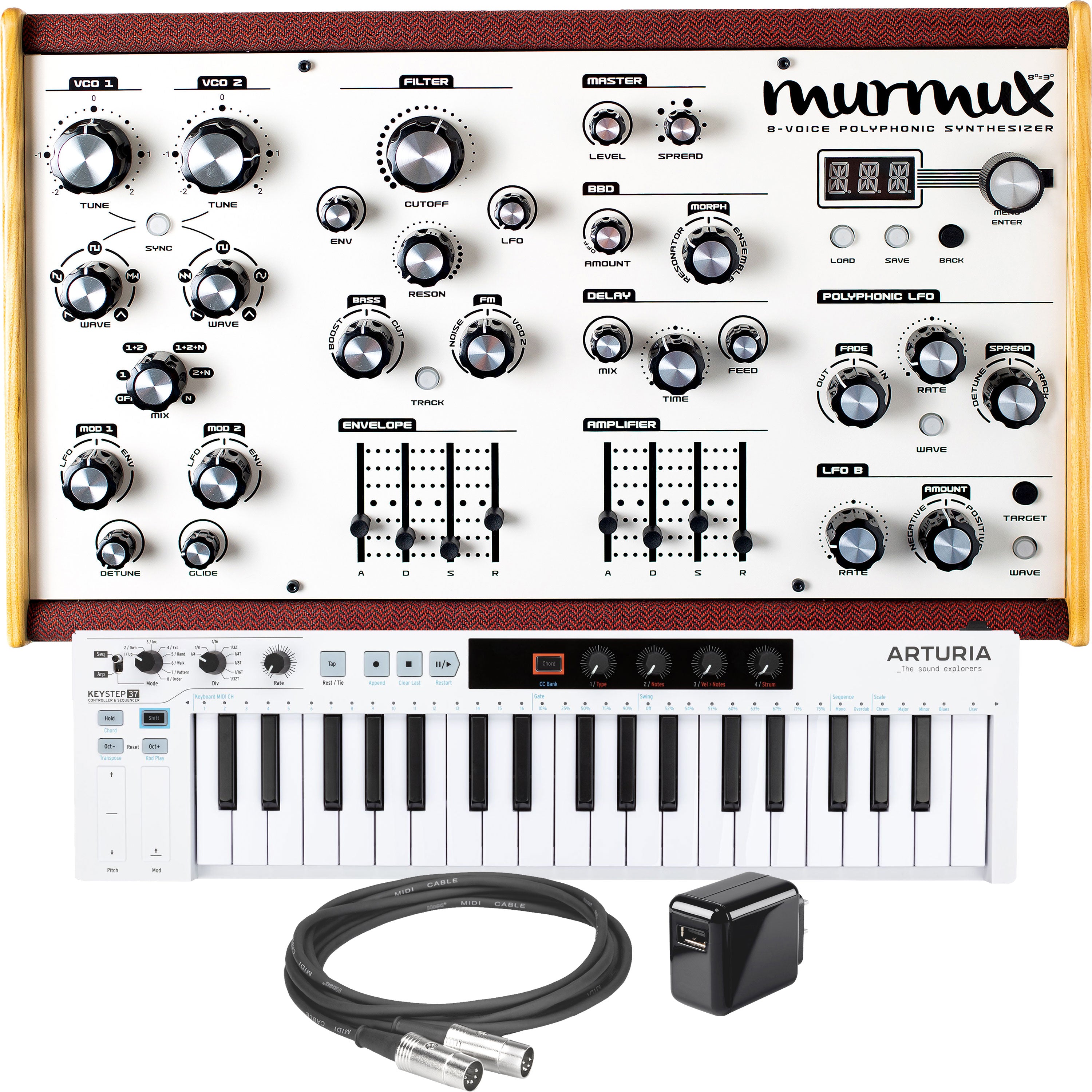 Collage showing components in Dreadbox Murmux Adept Edition 8-Voice Polyphonic Synthesizer CONTROLLER RIG