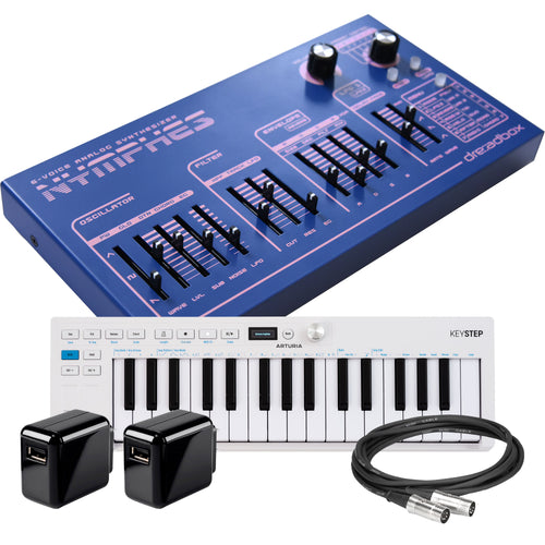 collage showing items in the Dreadbox Nymphes Desktop Polyphonic Analog Synthesizer CONTROLLER RIG