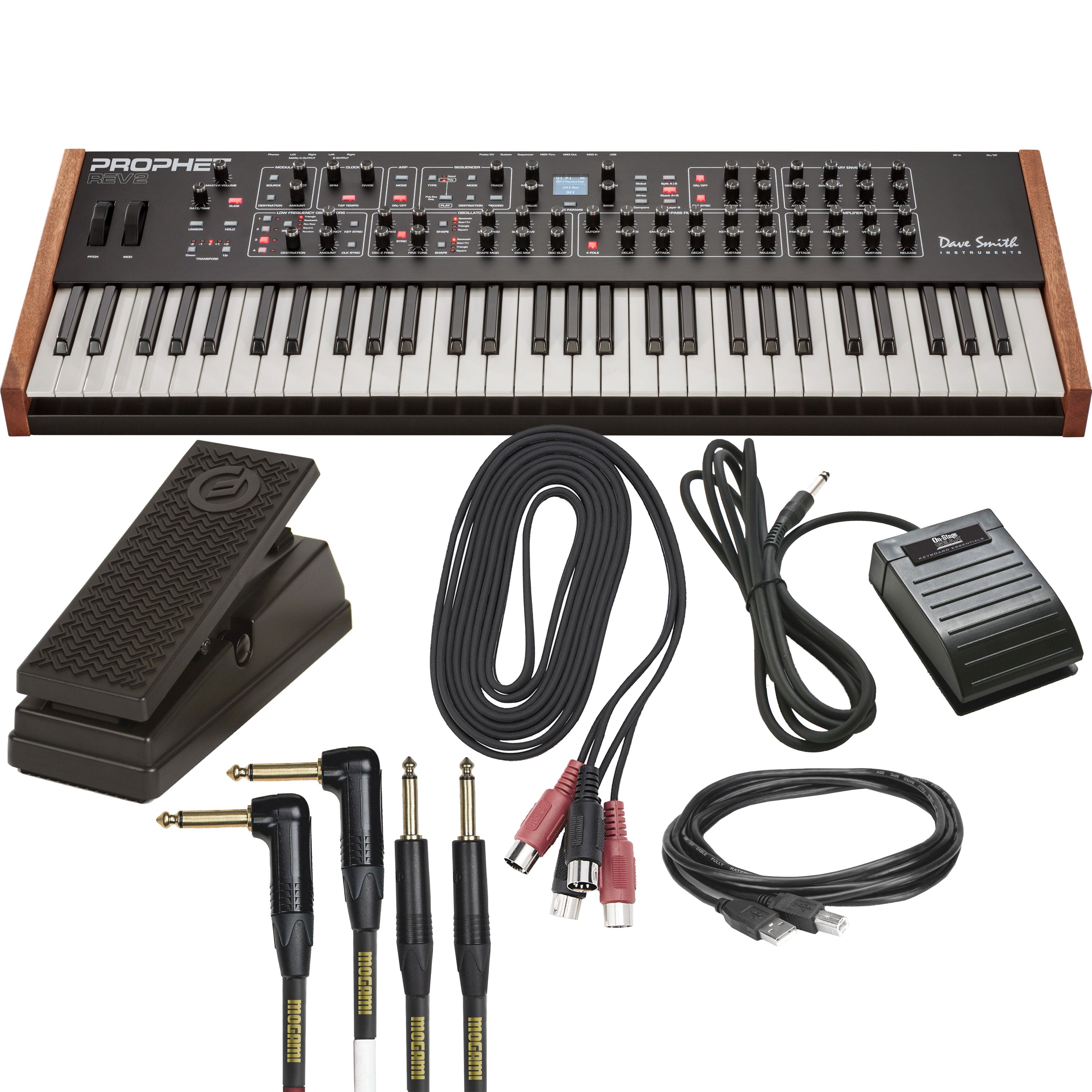 Collage of everything included in the Dave Smith Instruments Sequential Prophet Rev2 8-Voice Synthesizer CABLE KIT