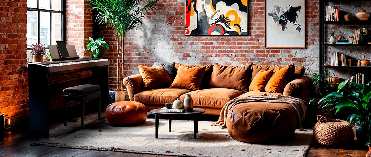 A cozy, rustic living room featuring a rust-brown velvet sectional sofa with matching throw pillows, a matching floor pouf, a dark wood coffee table, and a large area rug. The room has a prominent brick wall, a window, a Kawai ES piano, and abstract wall art.