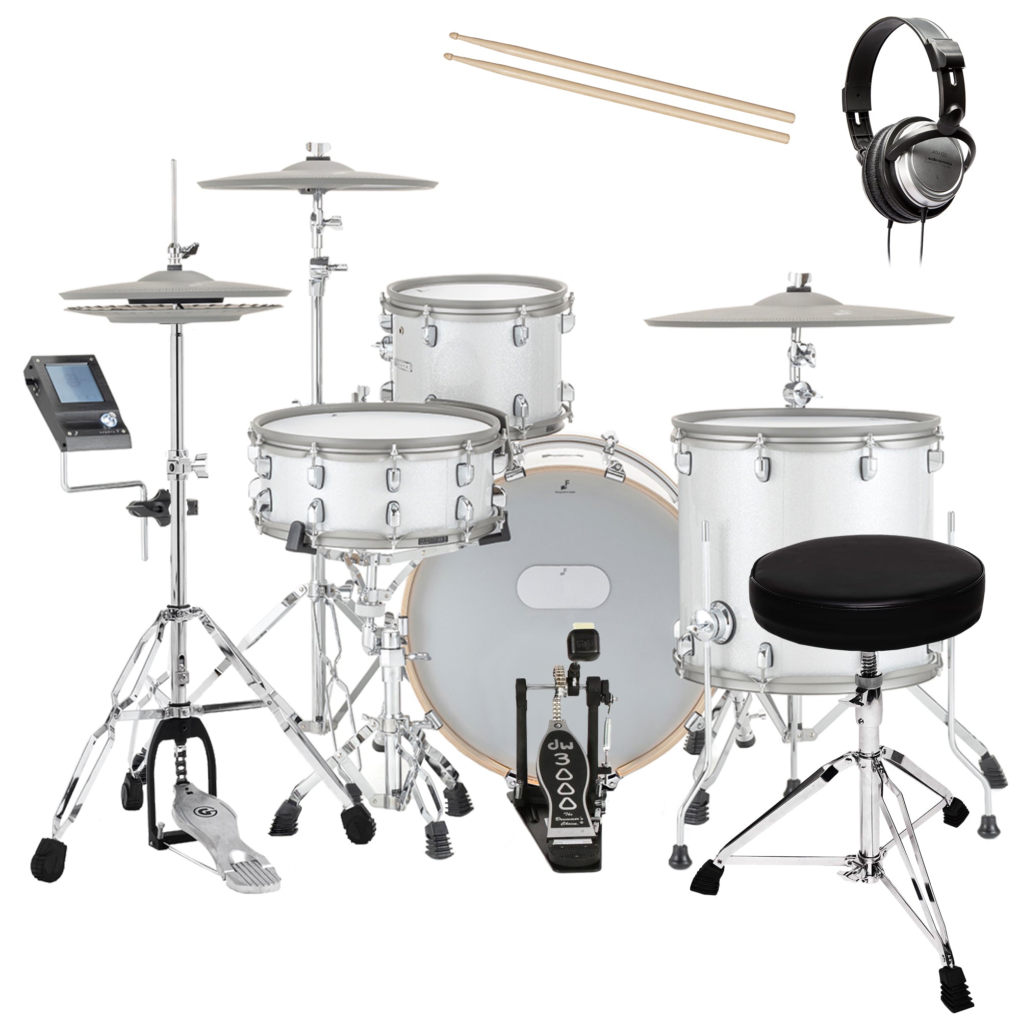 EFNOTE 7 Electronic Drum Set - White Sparkle DRUM ESSENTIALS BUNDLE