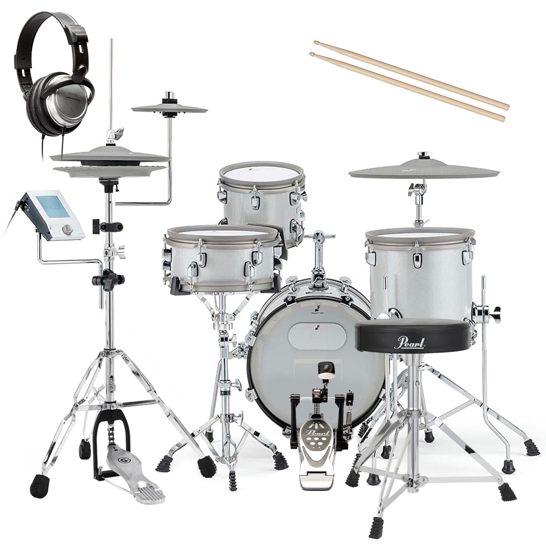 EFNOTE MINI Electronic Drum Set - White Sparkle DRUM ESSENTIALS BUNDLE