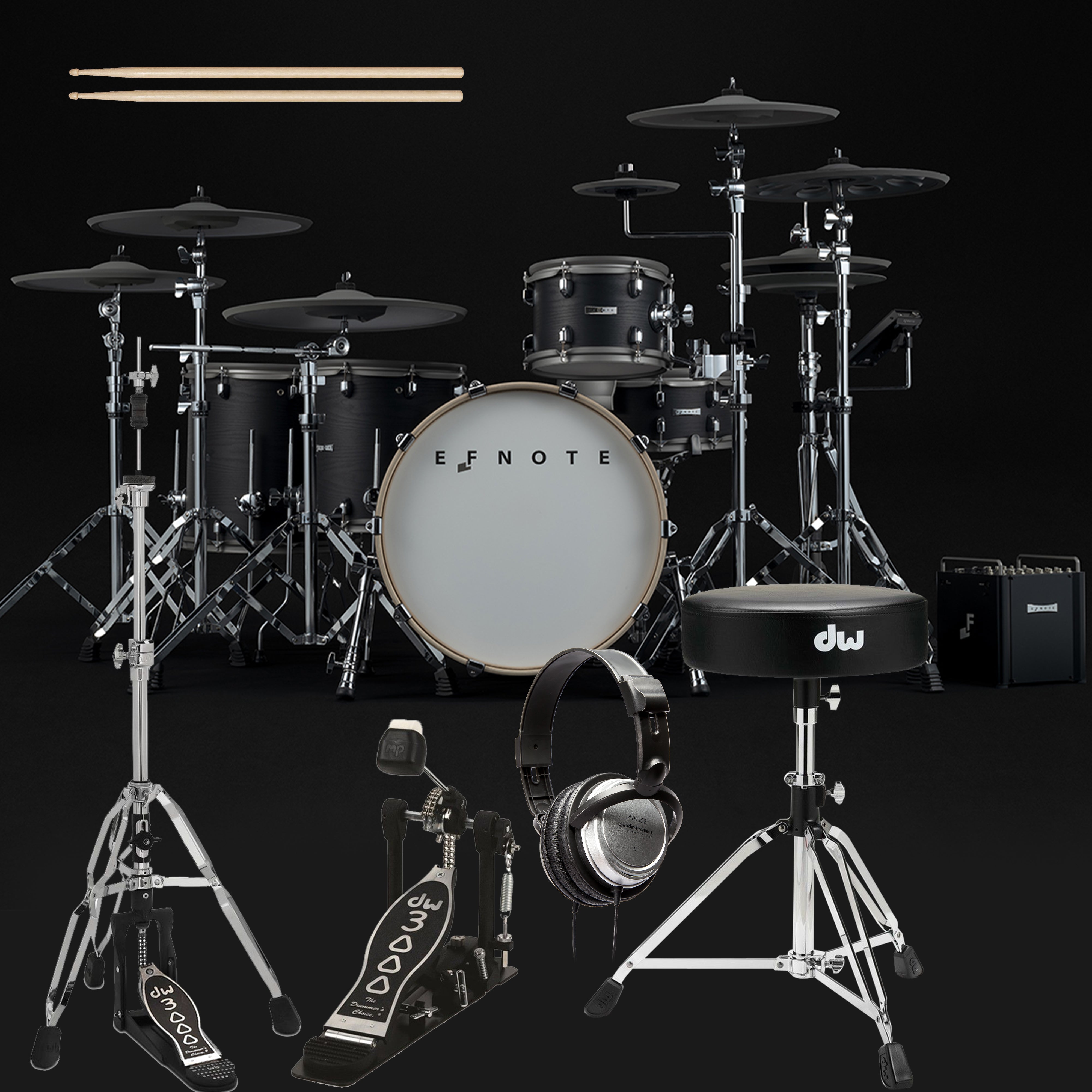 Collage of items included in the EFNOTE PRO 703X Electronic Drum Set - Black Oak DRUM ESSENTIALS BUNDLE