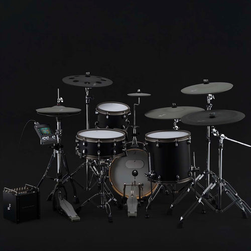 Drum set with electronic components on a black background